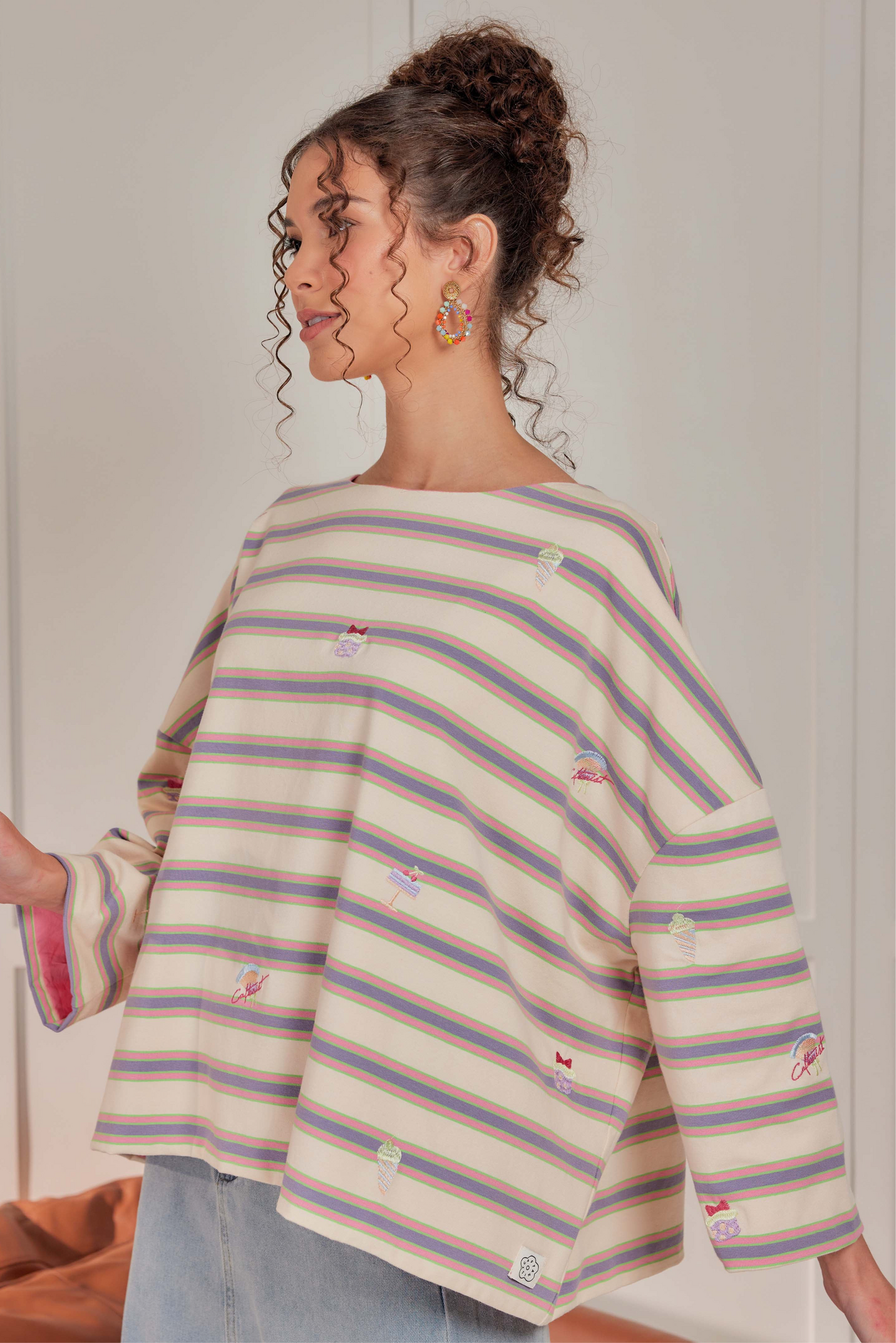 Striped Embroidered Cotton Relaxed Reversible Tee