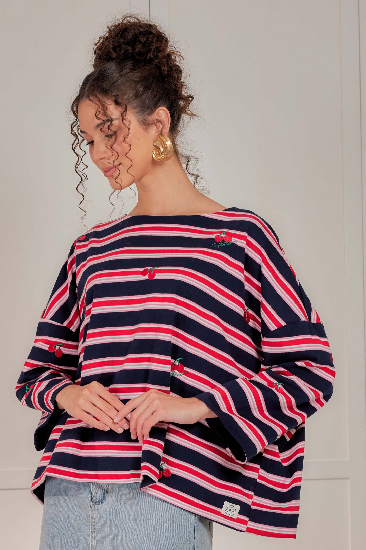 Striped Embroidered Cotton Relaxed Reversible Tee
