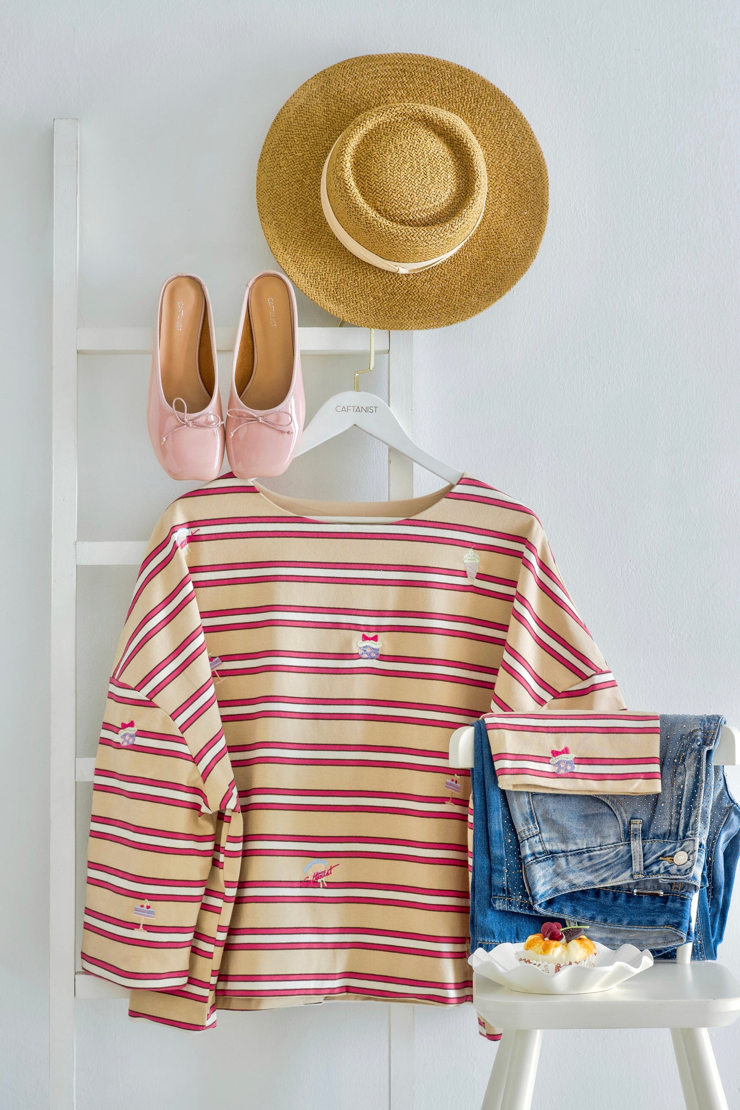 Striped Embroidered Cotton Relaxed Reversible Tee