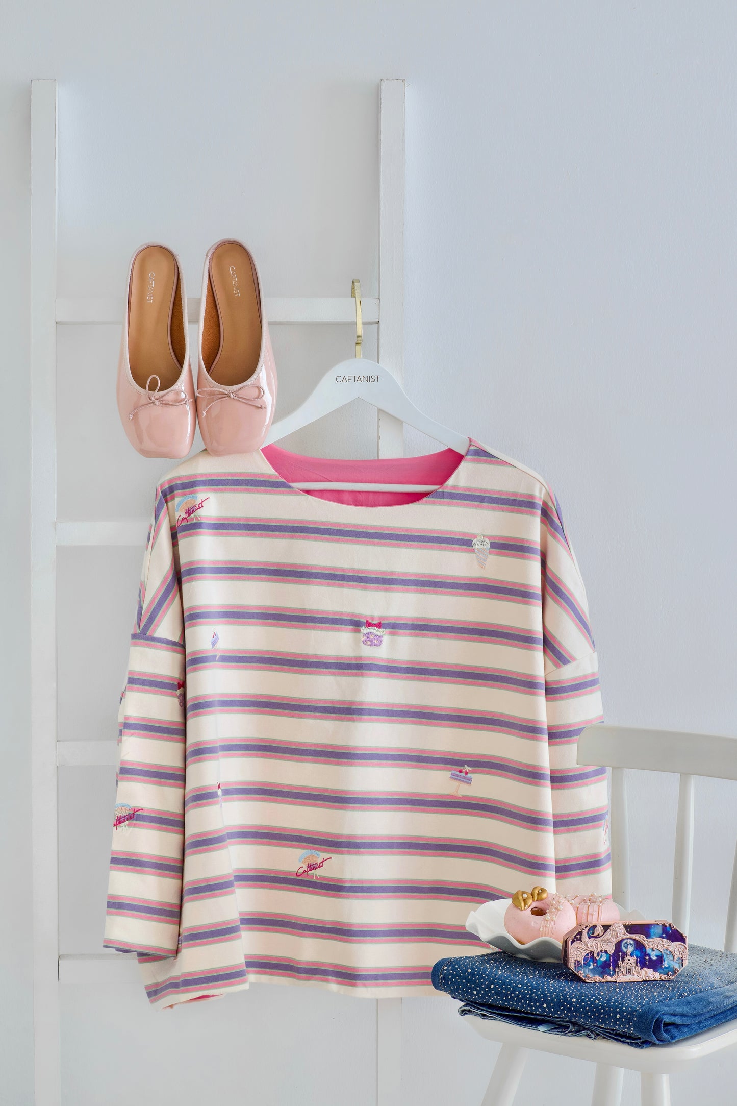 Striped Embroidered Cotton Relaxed Reversible Tee