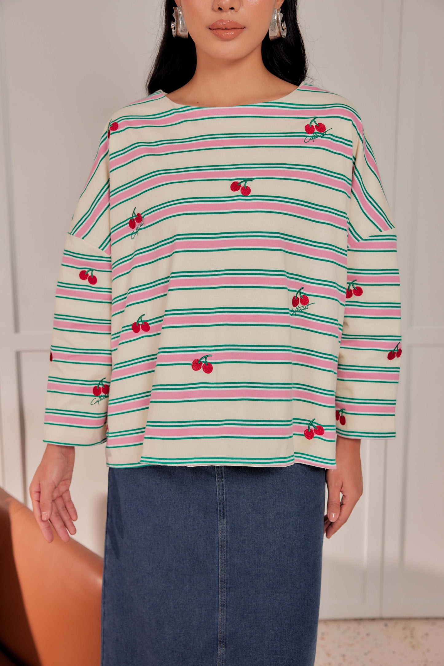 Striped Embroidered Cotton Relaxed Reversible Tee