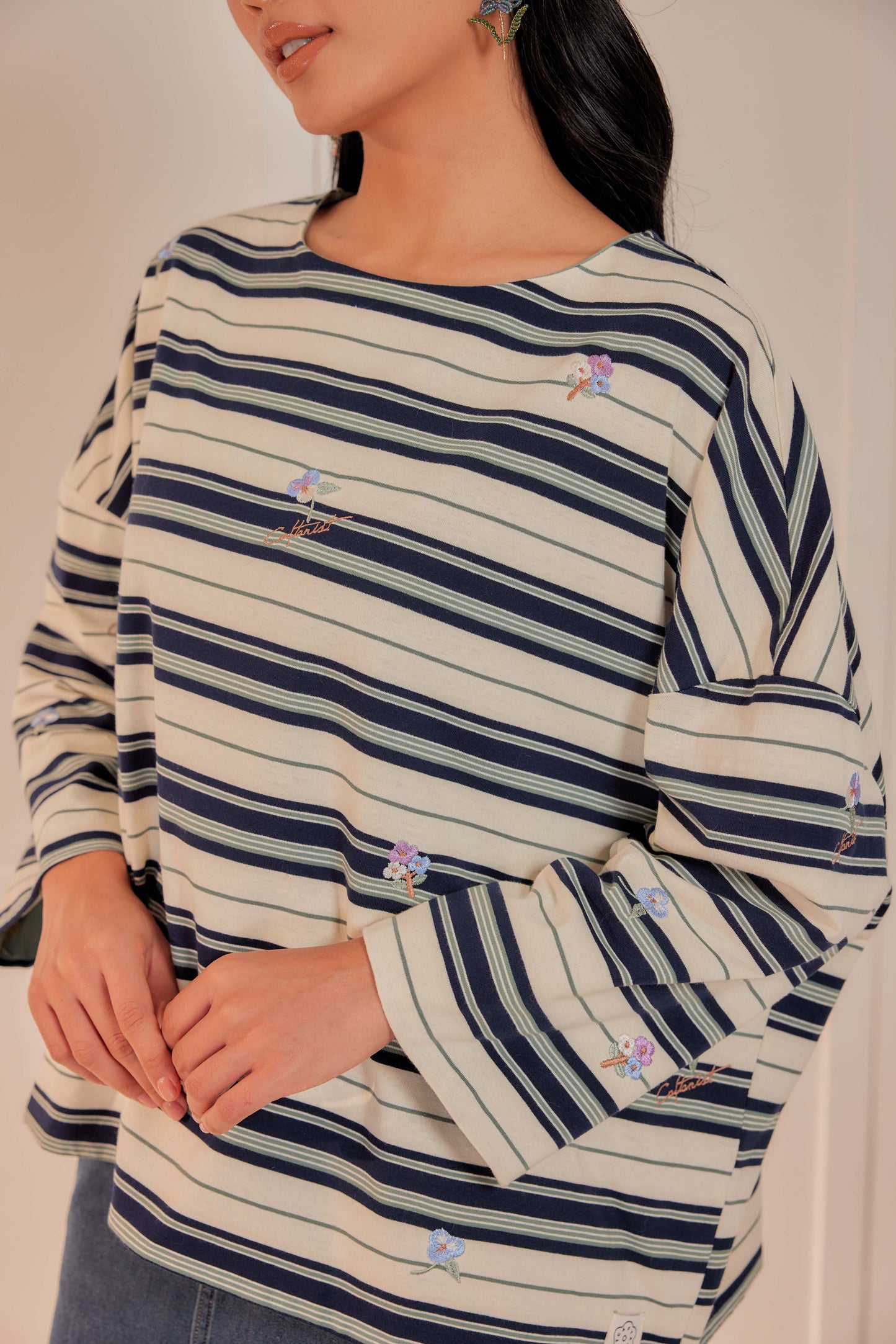 Striped Embroidered Cotton Relaxed Reversible Tee