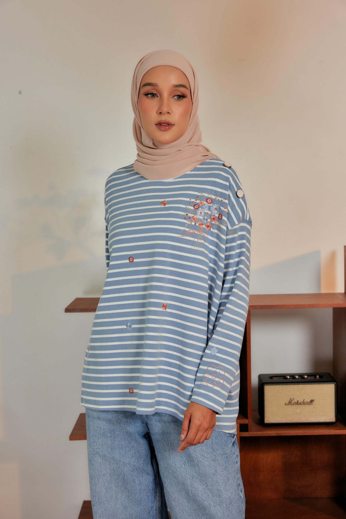 Marinière Striped Embroidered Cotton Tee - Creamsicle Blue