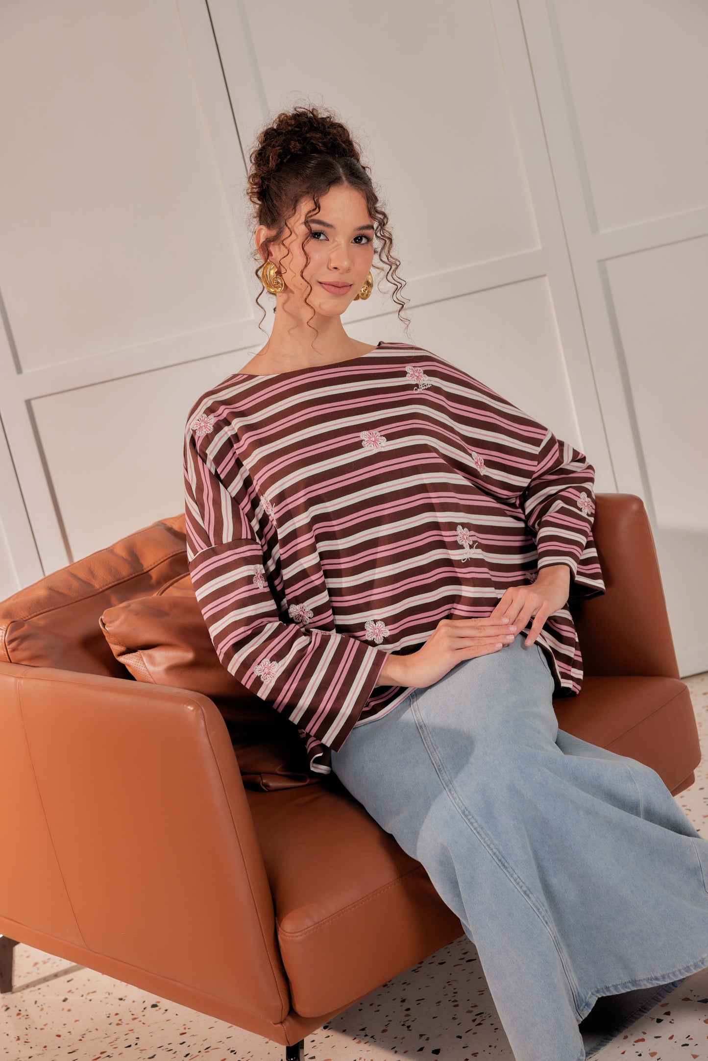 Striped Embroidered Cotton Relaxed Reversible Tee