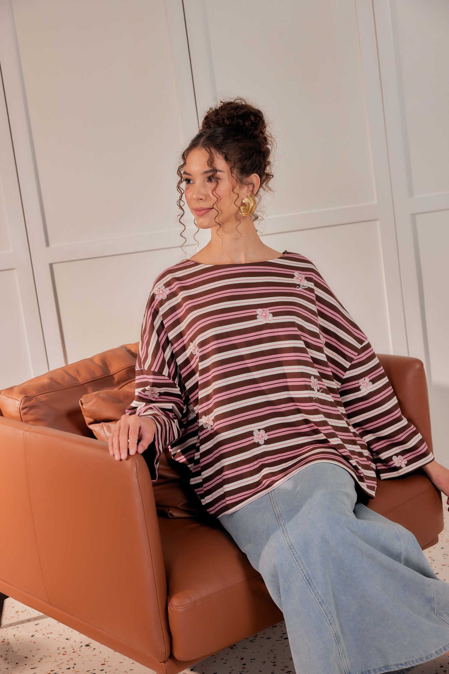 Striped Embroidered Cotton Relaxed Reversible Tee