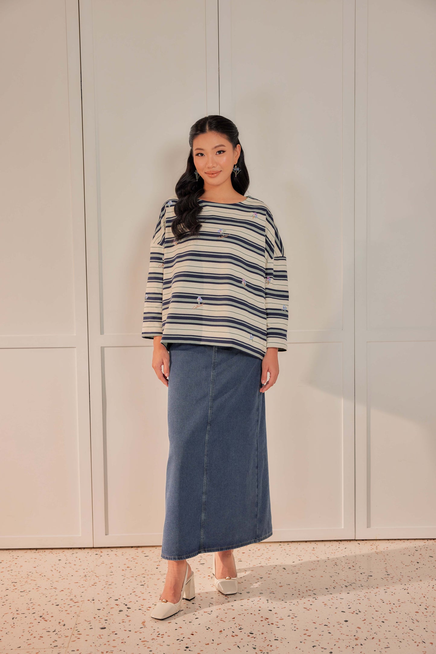 Striped Embroidered Cotton Relaxed Reversible Tee
