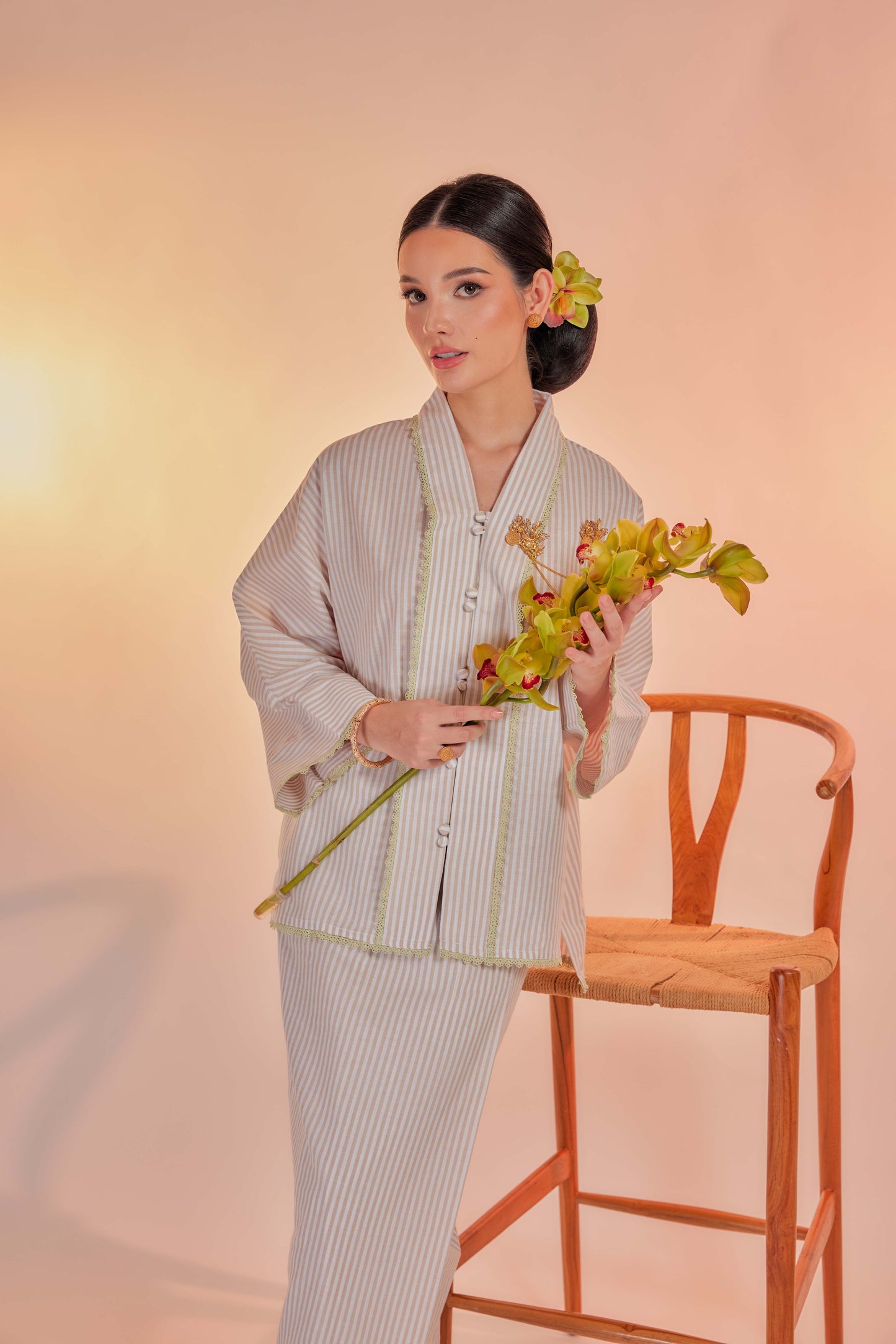 Kapuk-Orked Cotton Striped Kebaya with Lace Trim Set