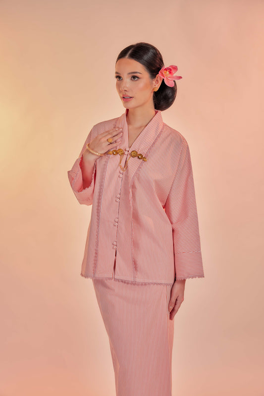 Jingga-Orked Cotton Striped Kebaya with Lace Trim Set