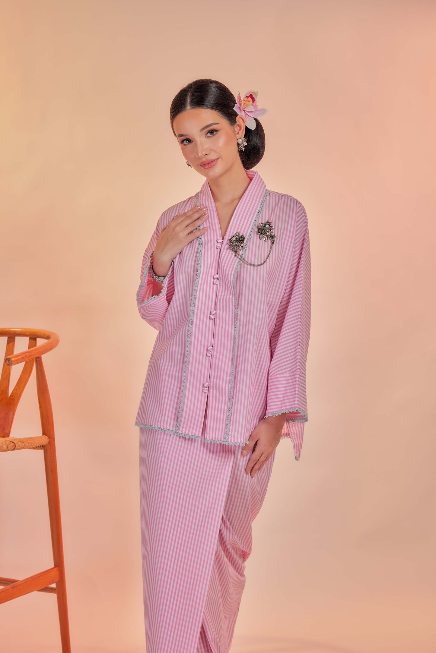 Samor-Orked Cotton Striped Kebaya with Lace Trim Set