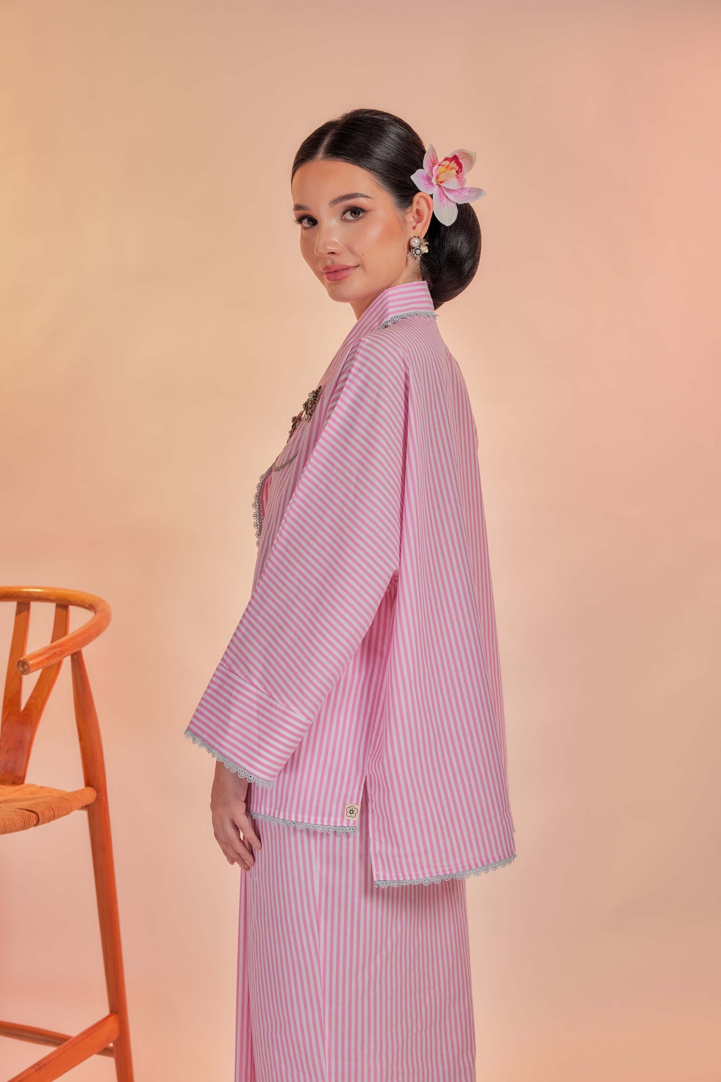 Samor-Orked Cotton Striped Kebaya with Lace Trim Set