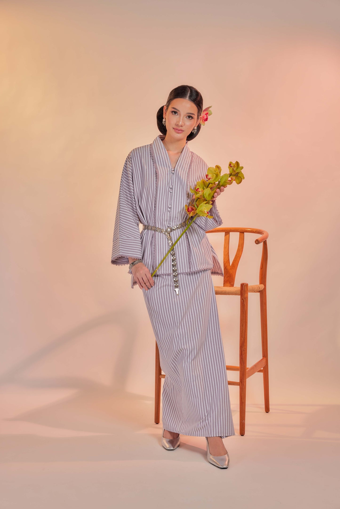 Lembayung-Orked Cotton Striped Kebaya with Lace Trim Set