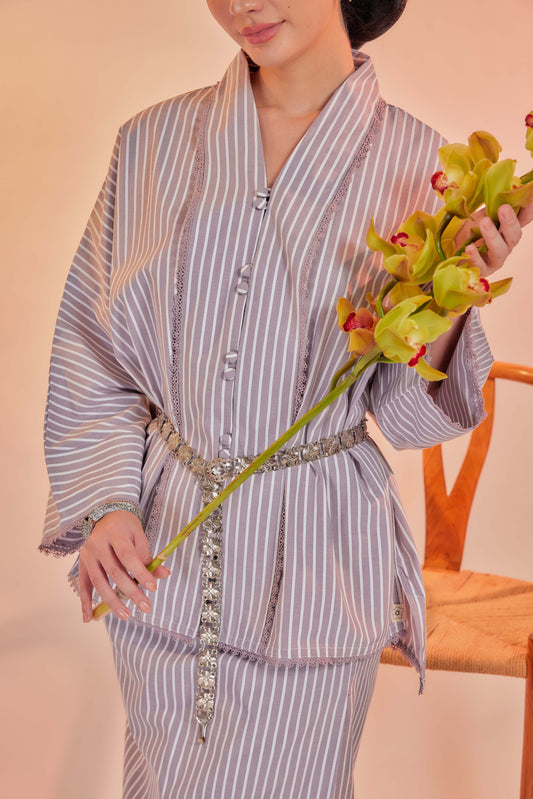 Lembayung-Orked Cotton Striped Kebaya with Lace Trim Set