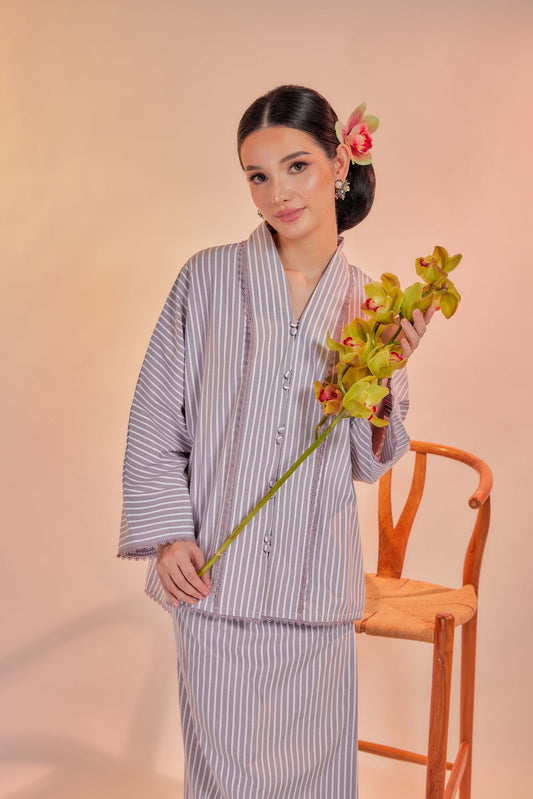 Lembayung-Orked Cotton Striped Kebaya with Lace Trim Set