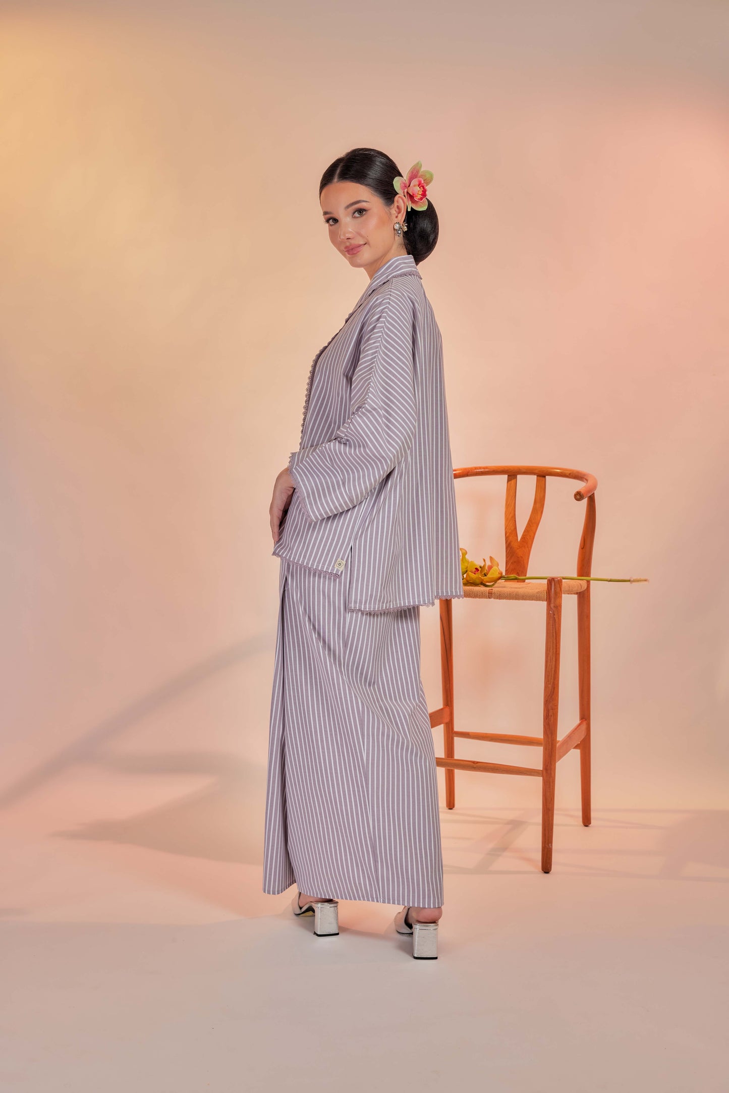 Lembayung-Orked Cotton Striped Kebaya with Lace Trim Set
