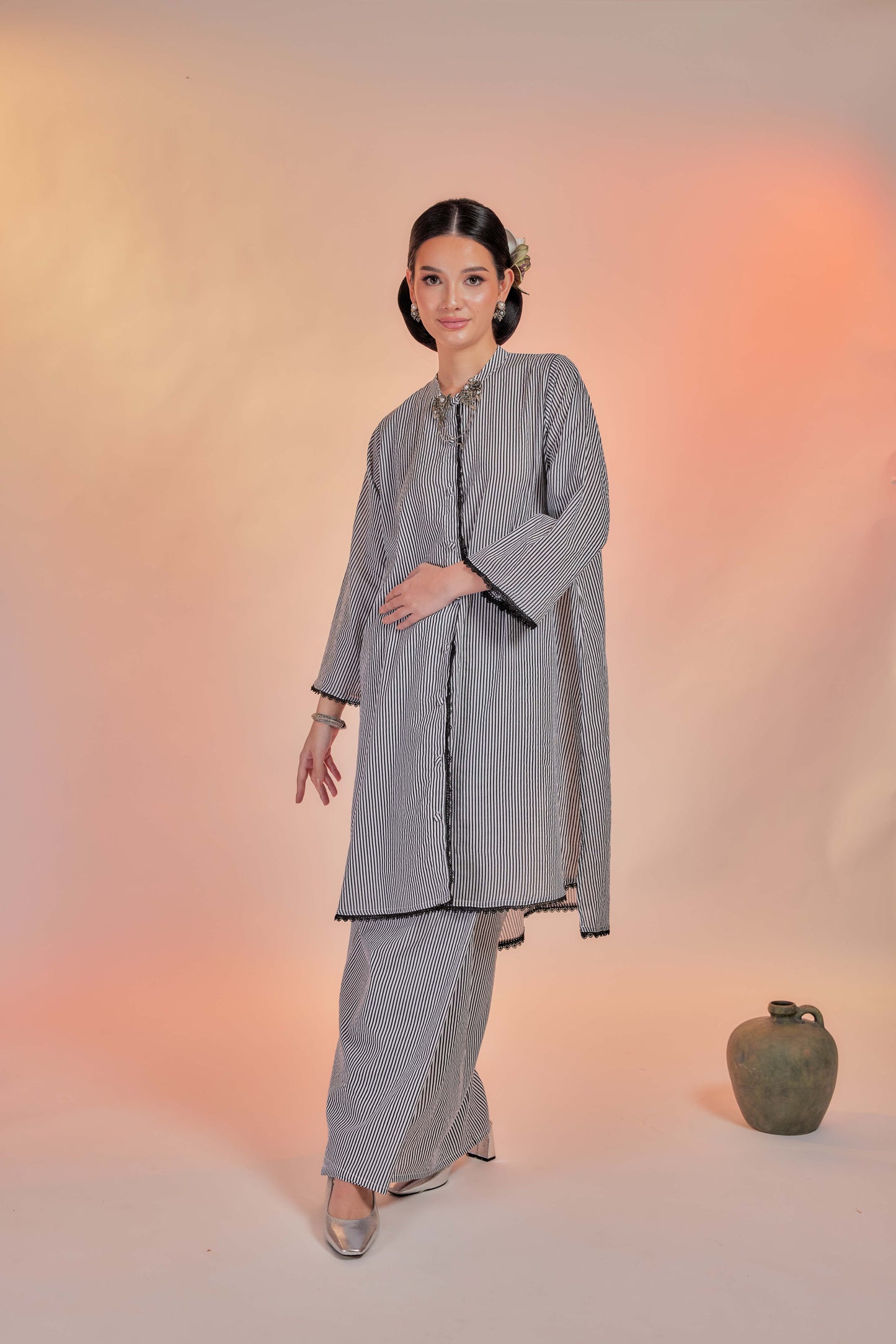 Langking-Airis Cotton Striped Kebarung with Lace Trim Set
