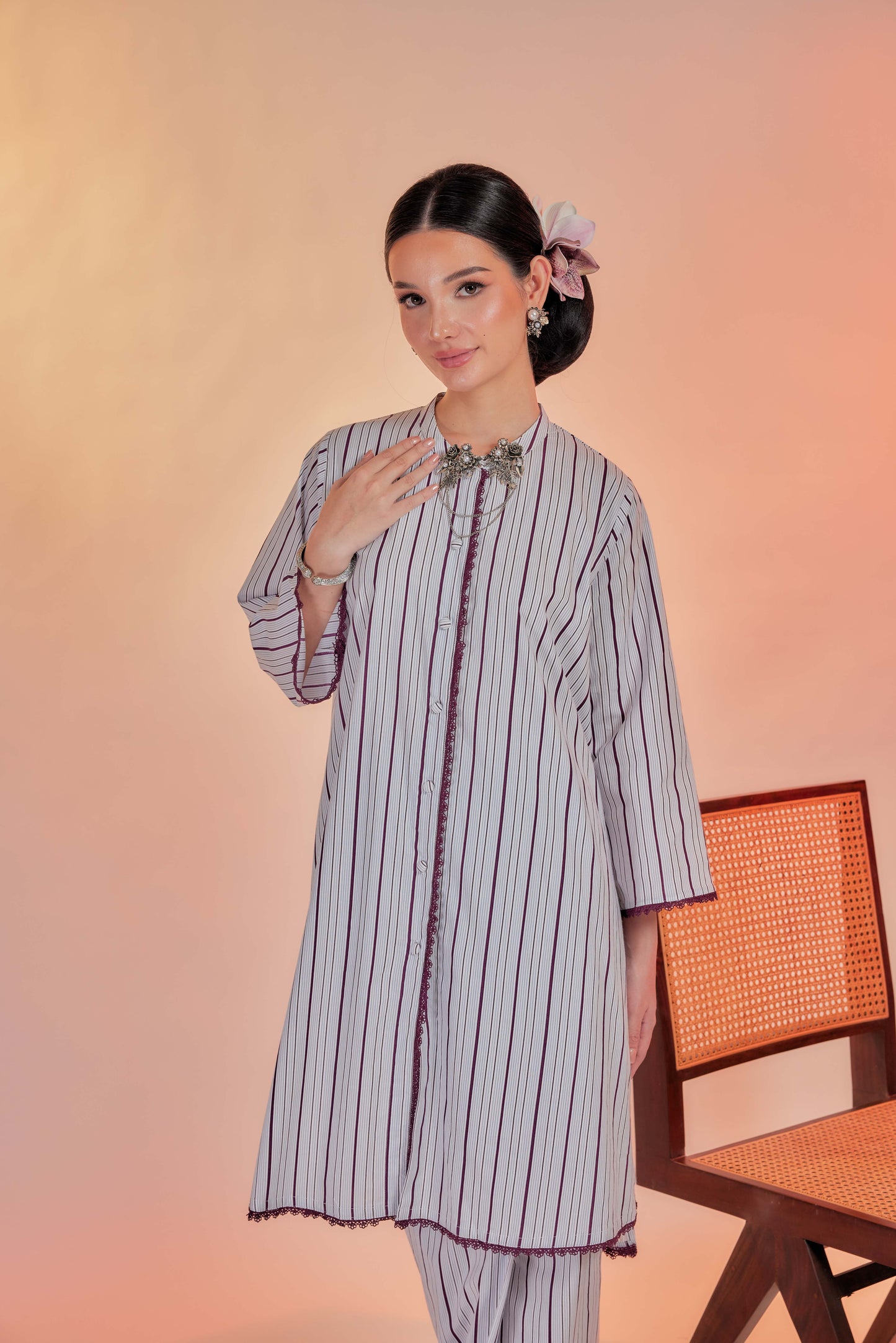 Ijas-Airis Cotton Striped Kebarung with Lace Trim Set