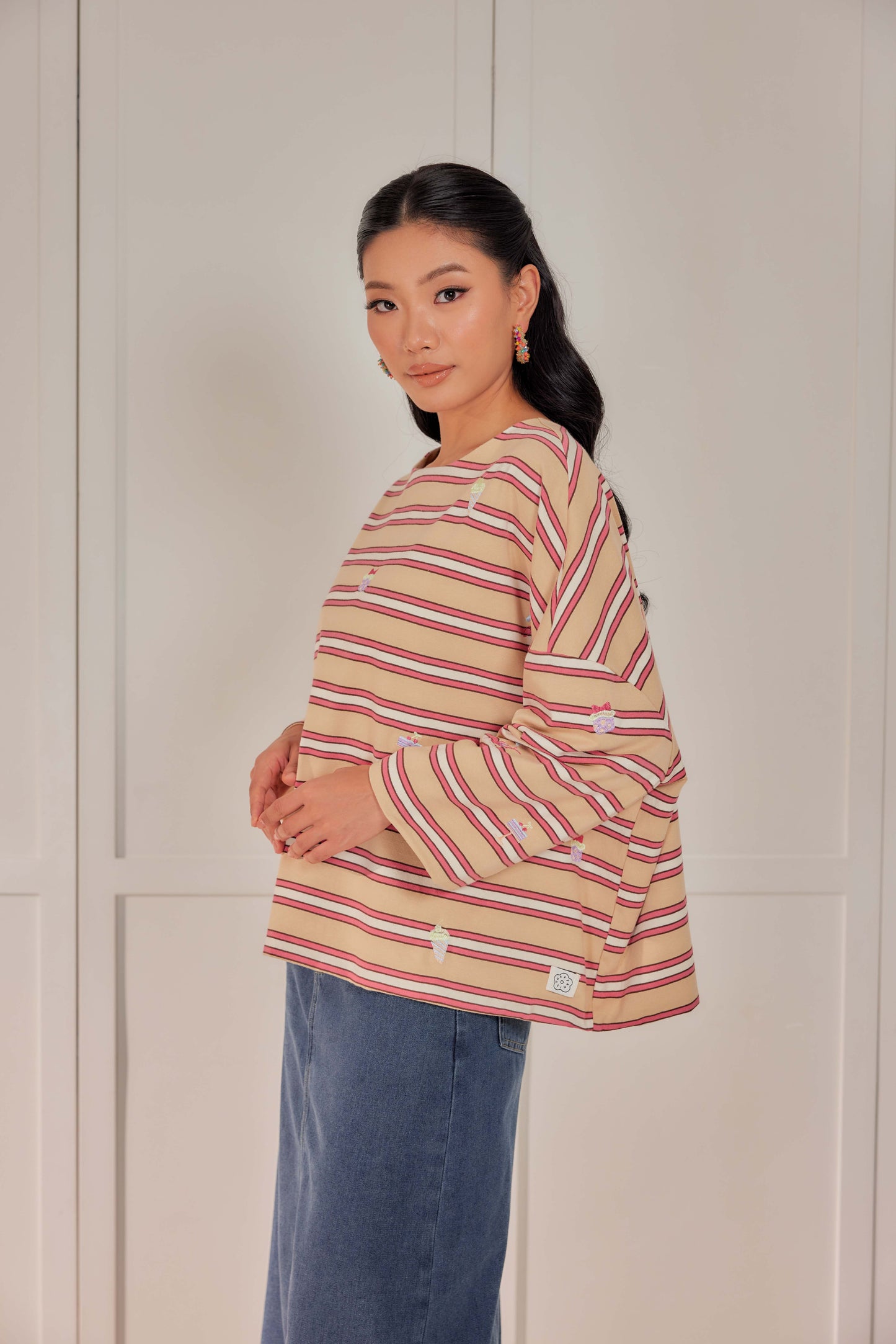 Striped Embroidered Cotton Relaxed Reversible Tee
