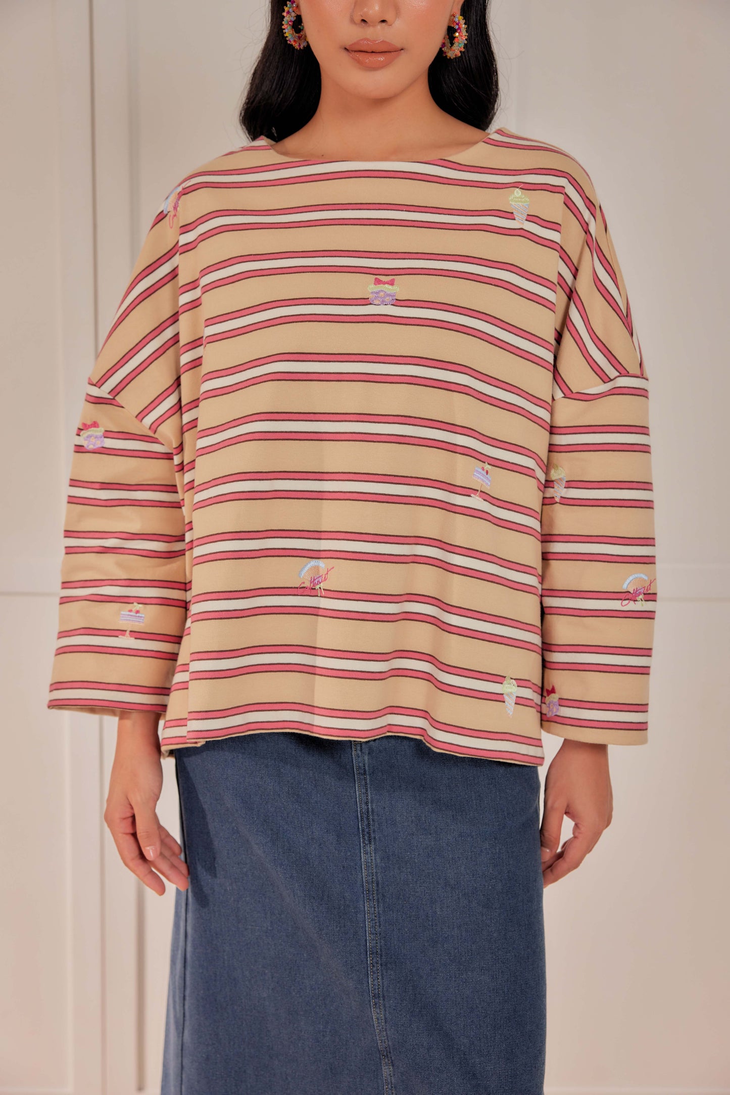 Striped Embroidered Cotton Relaxed Reversible Tee