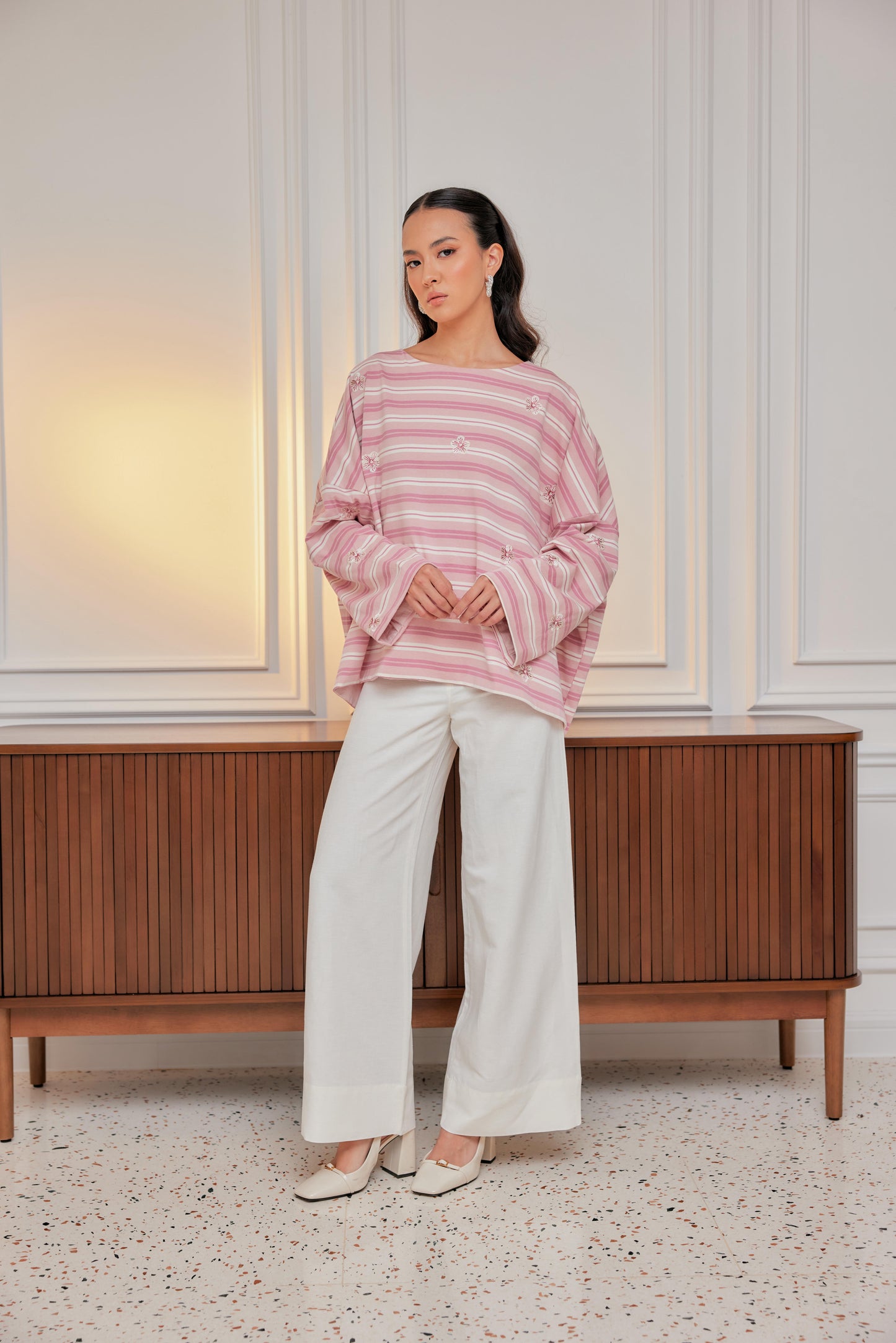 Striped Embroidered Cotton Relaxed Reversible Tee