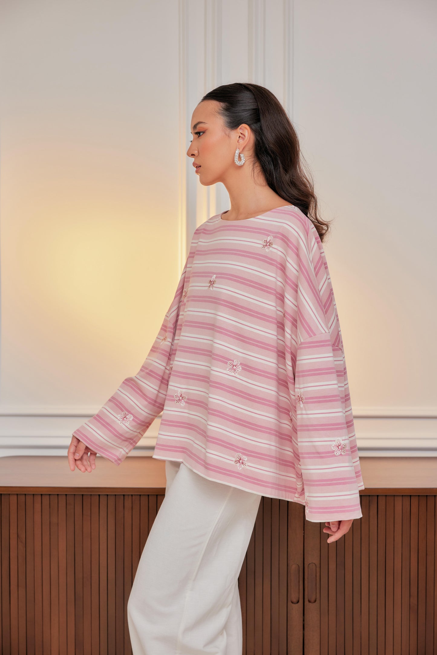 Striped Embroidered Cotton Relaxed Reversible Tee