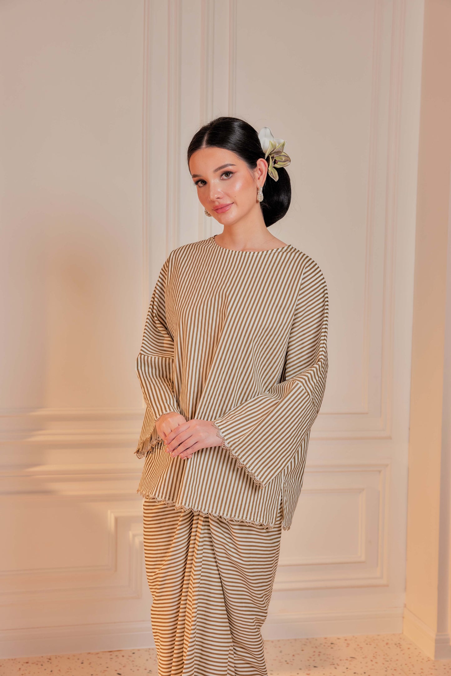 Kencana-Cotton Striped Kurung with Lace Trim Set