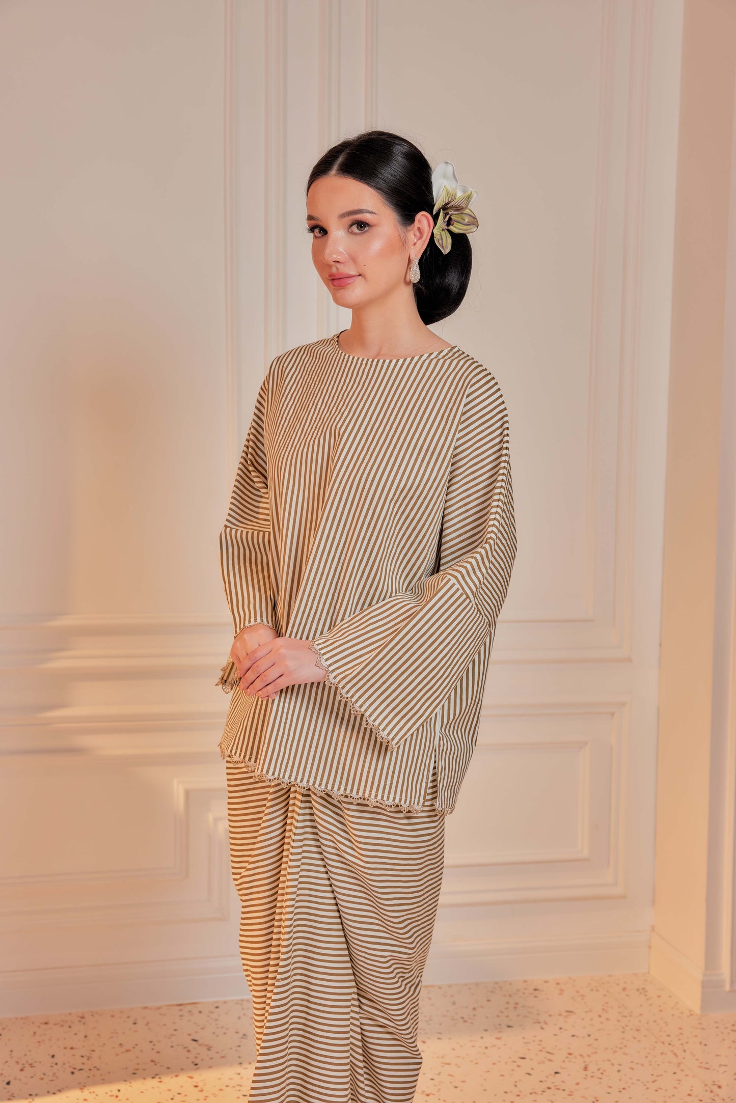 Kencana-Cotton Striped Kurung with Lace Trim Set