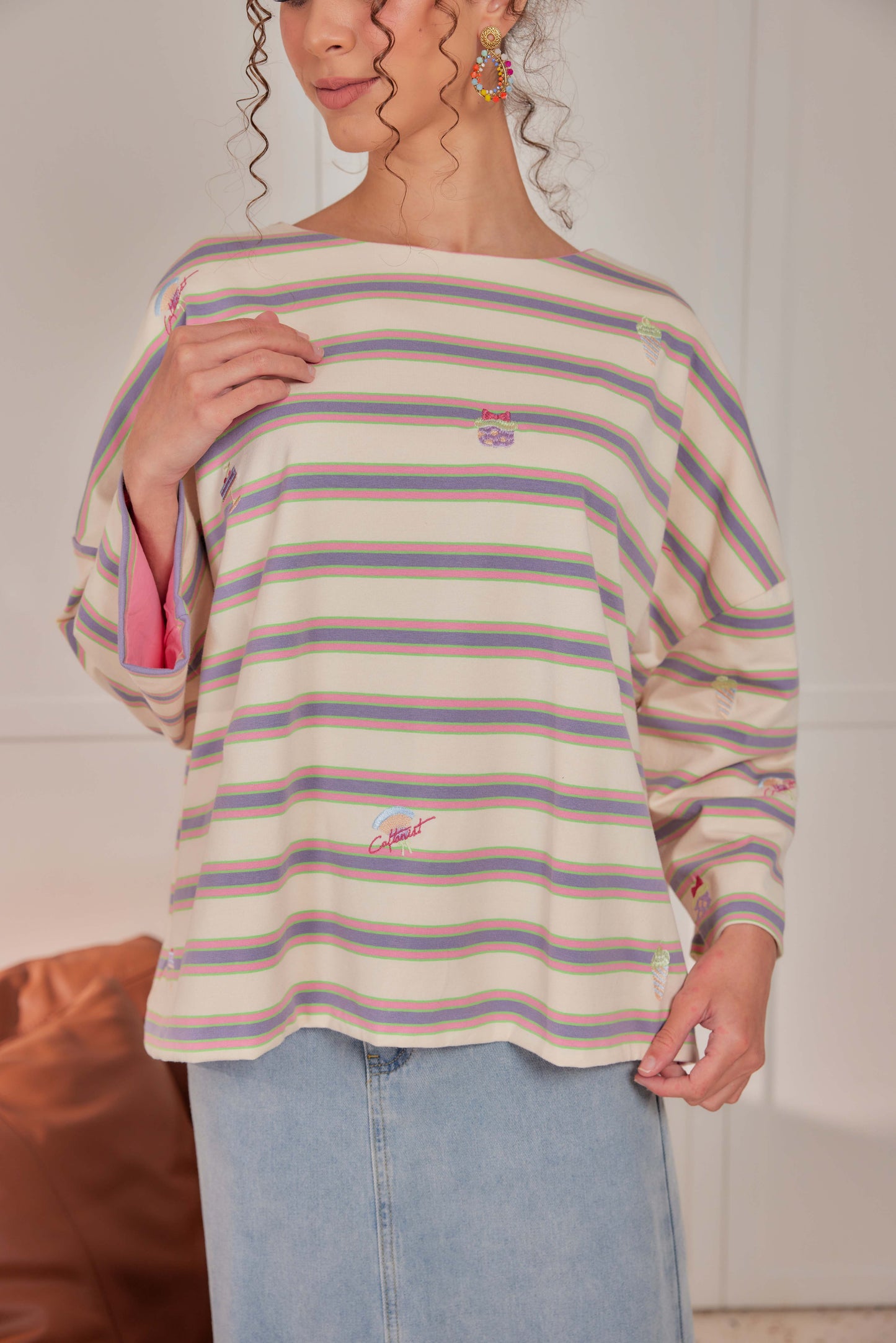 Striped Embroidered Cotton Relaxed Reversible Tee