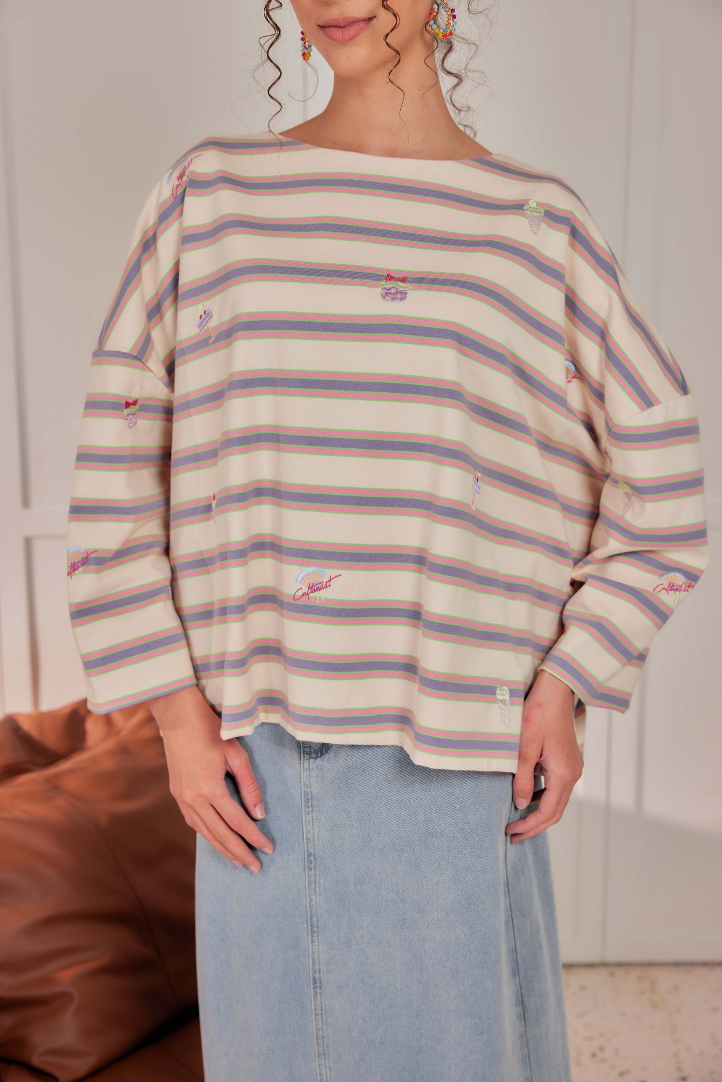 Striped Embroidered Cotton Relaxed Reversible Tee