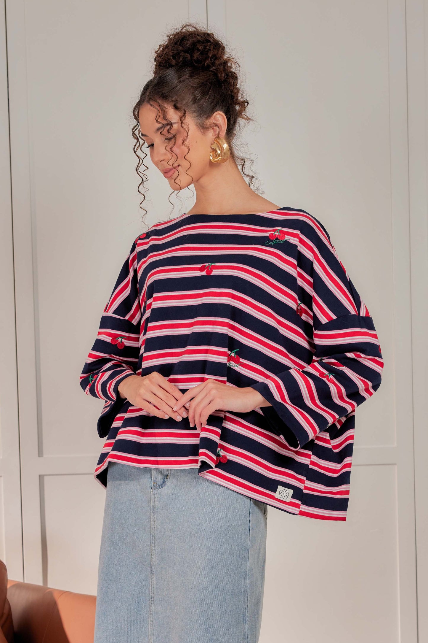 Striped Embroidered Cotton Relaxed Reversible Tee