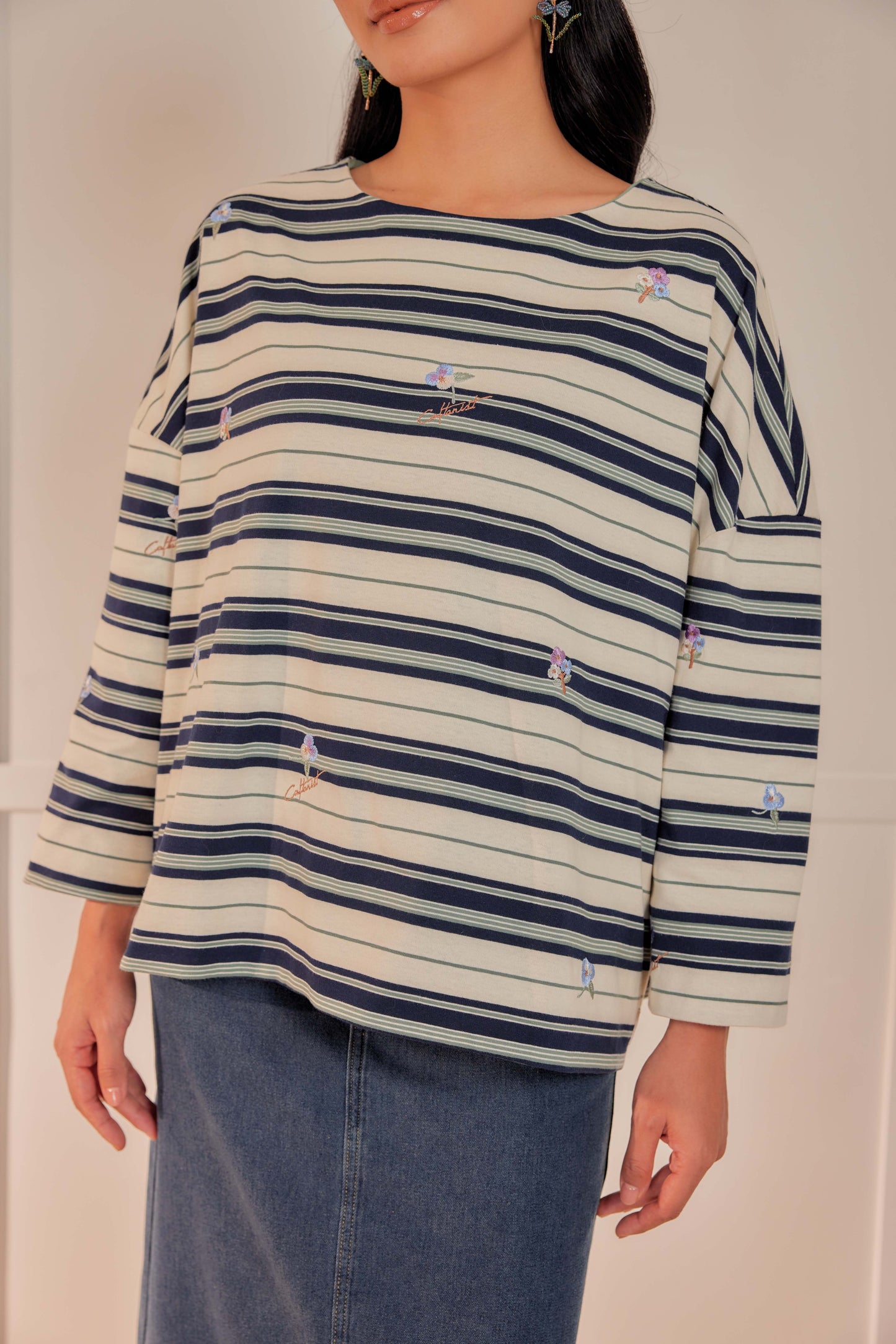 Striped Embroidered Cotton Relaxed Reversible Tee