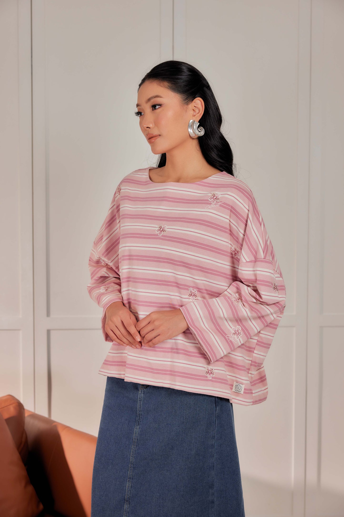 Striped Embroidered Cotton Relaxed Reversible Tee