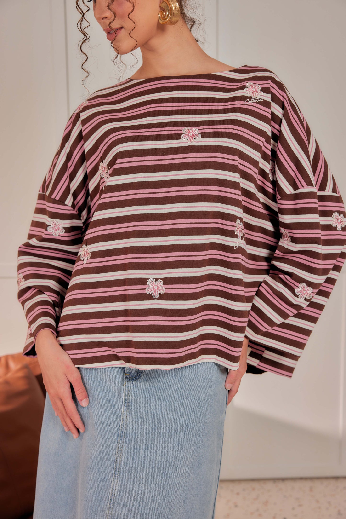 Striped Embroidered Cotton Relaxed Reversible Tee
