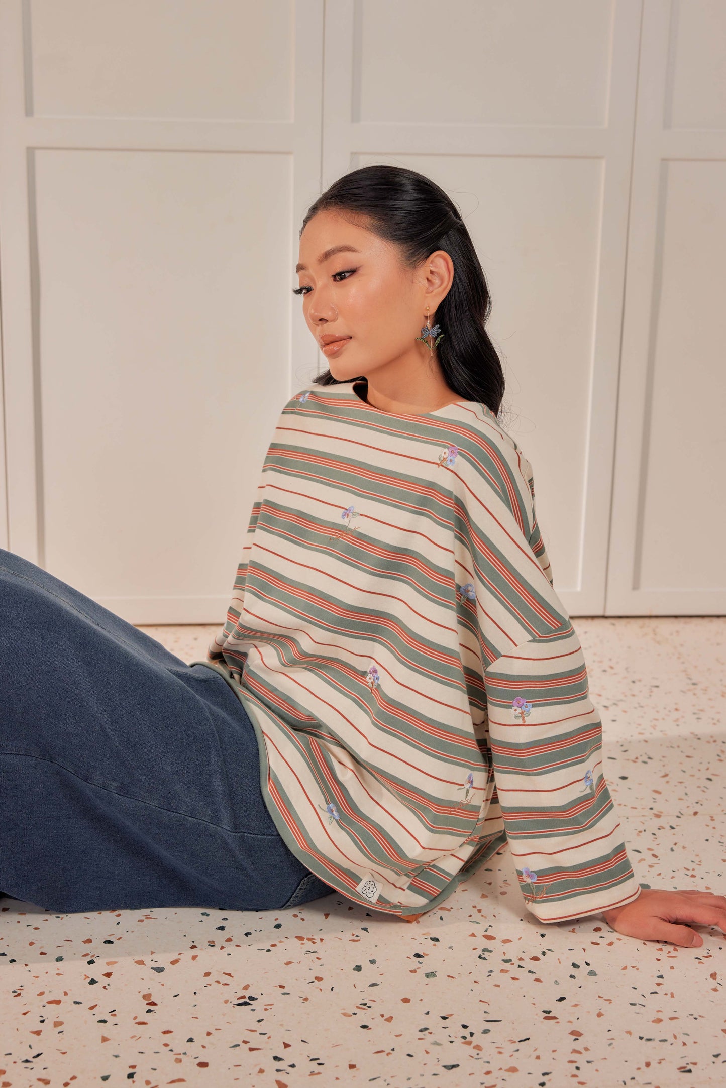 Striped Embroidered Cotton Relaxed Reversible Tee