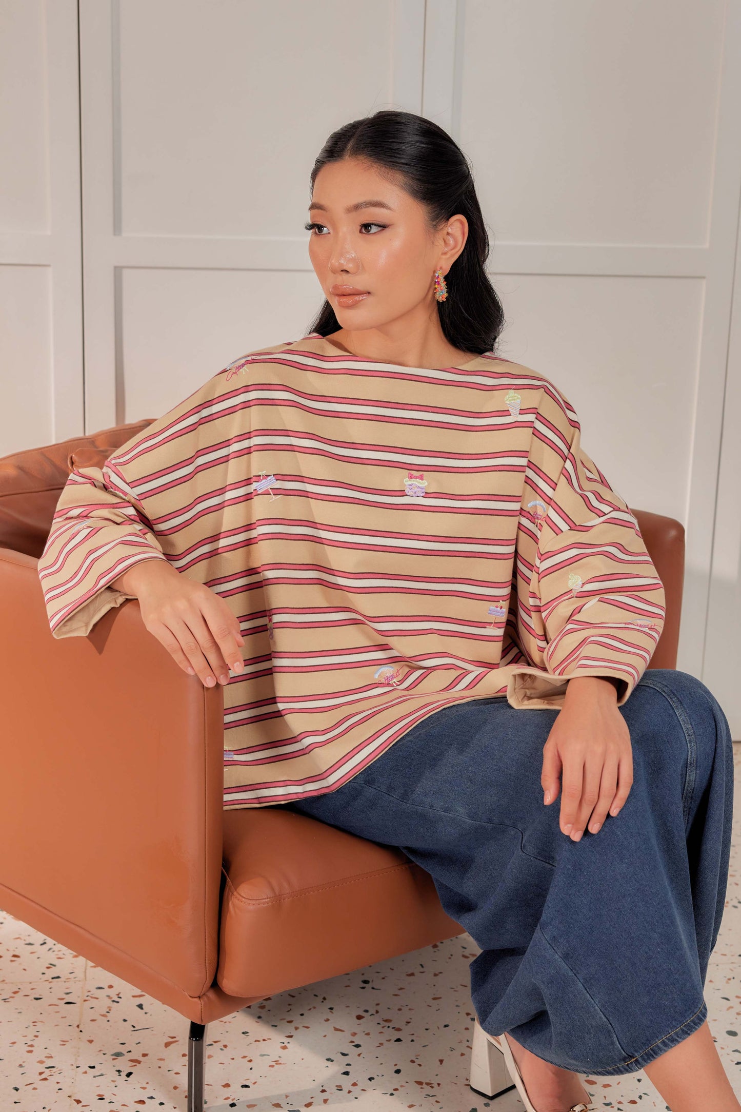Striped Embroidered Cotton Relaxed Reversible Tee