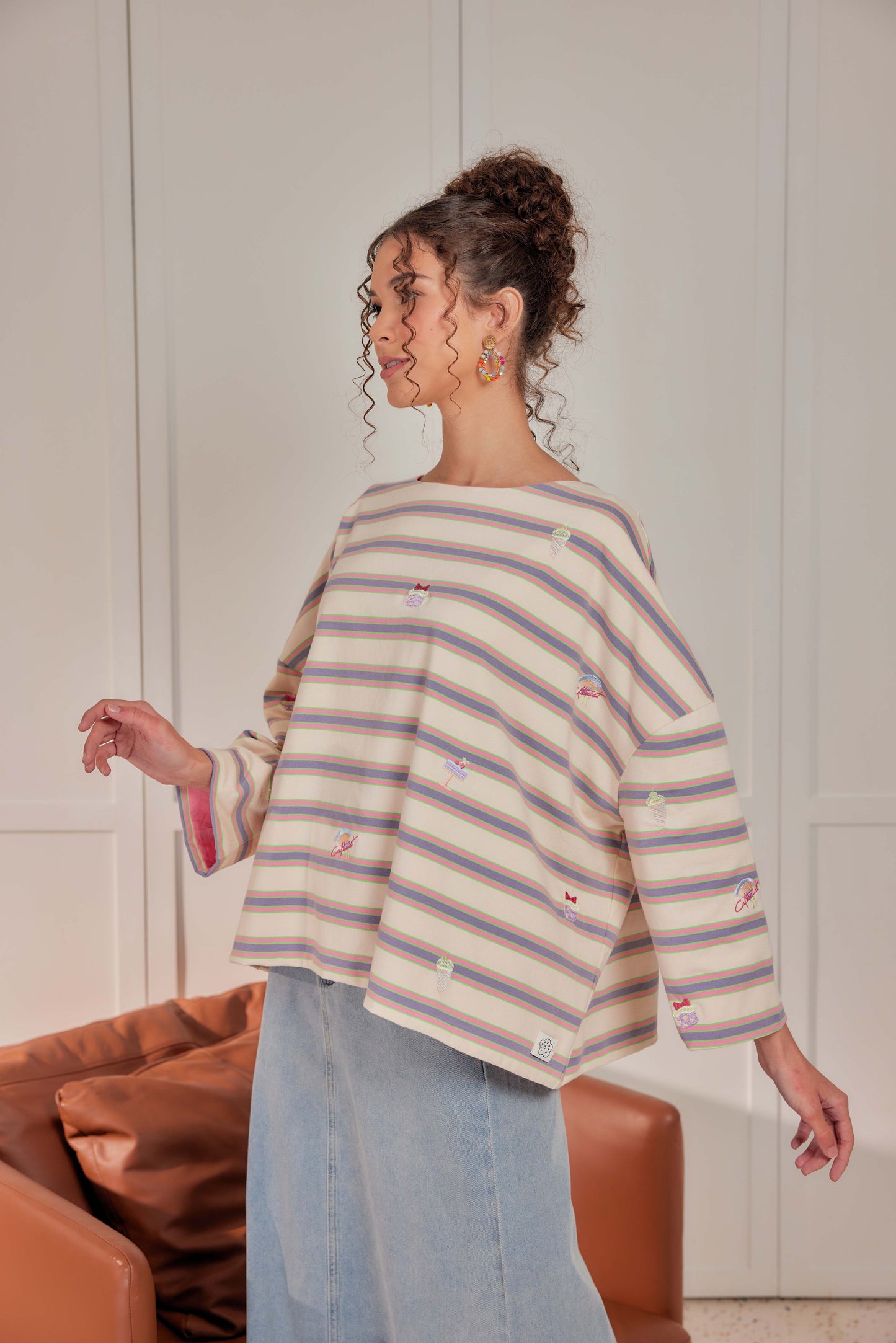 Striped Embroidered Cotton Relaxed Reversible Tee