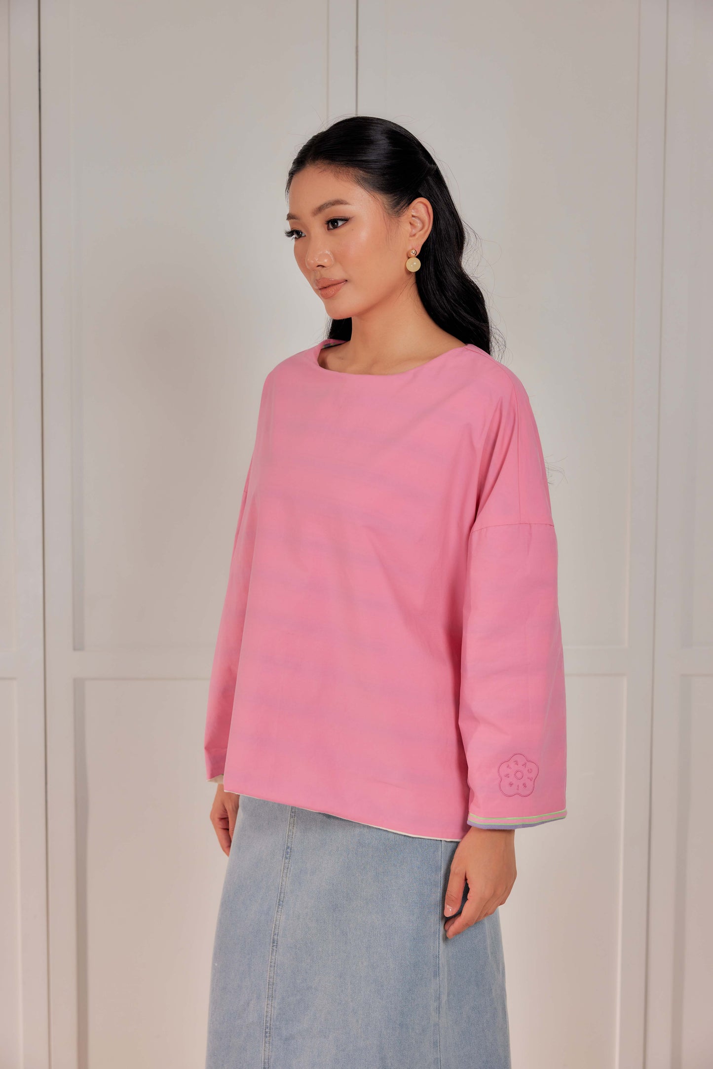 Striped Embroidered Cotton Relaxed Reversible Tee