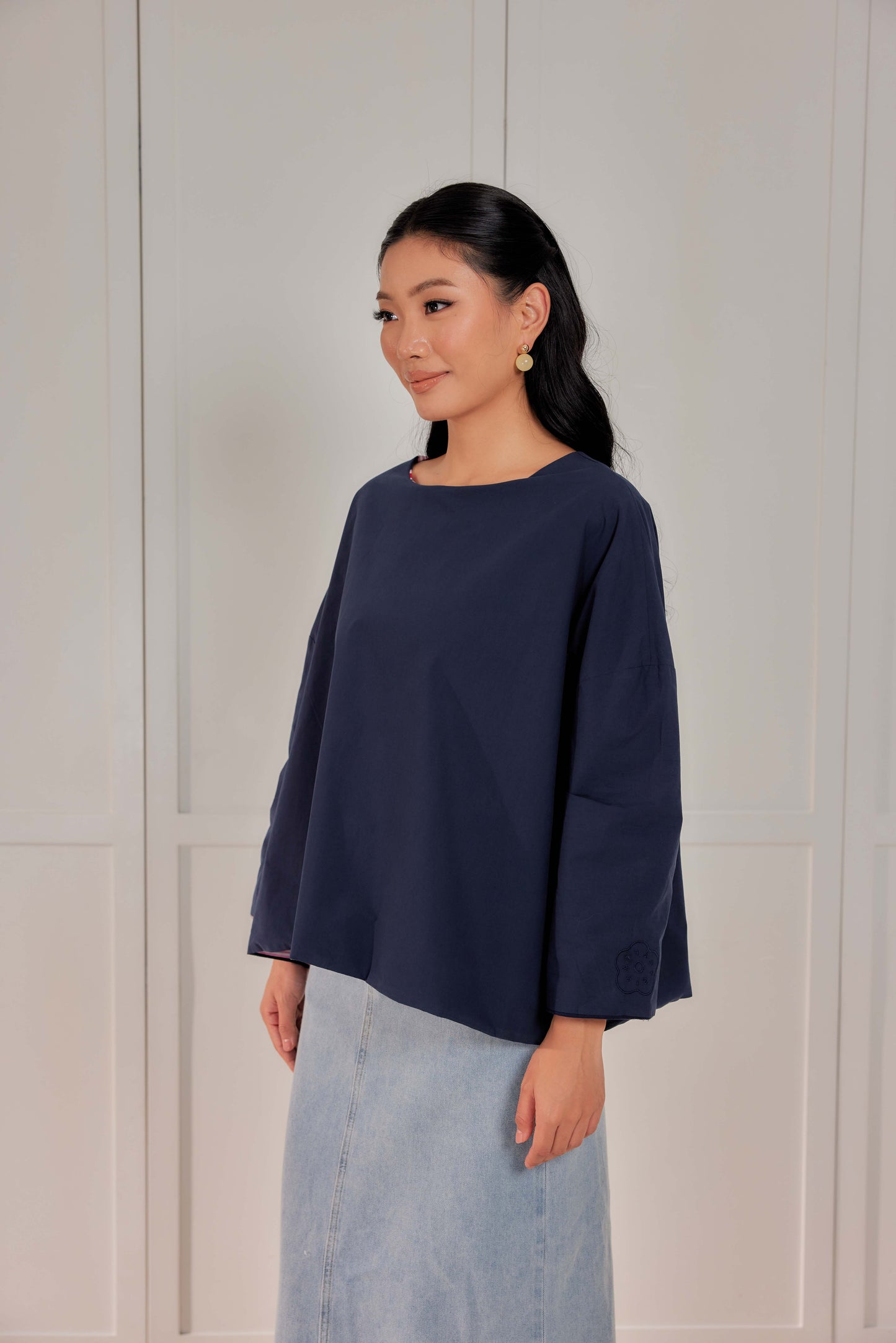 Striped Embroidered Cotton Relaxed Reversible Tee