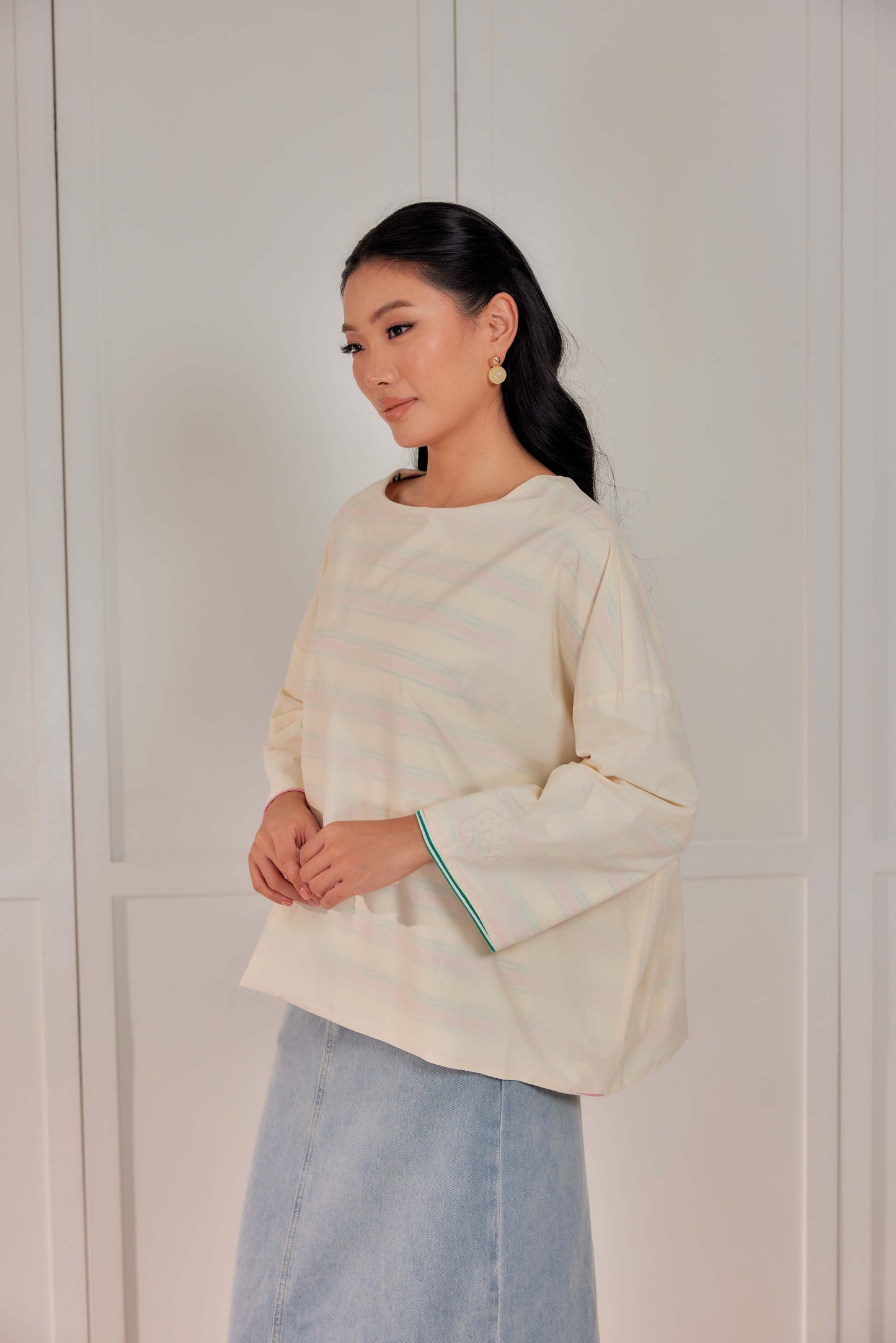 Striped Embroidered Cotton Relaxed Reversible Tee