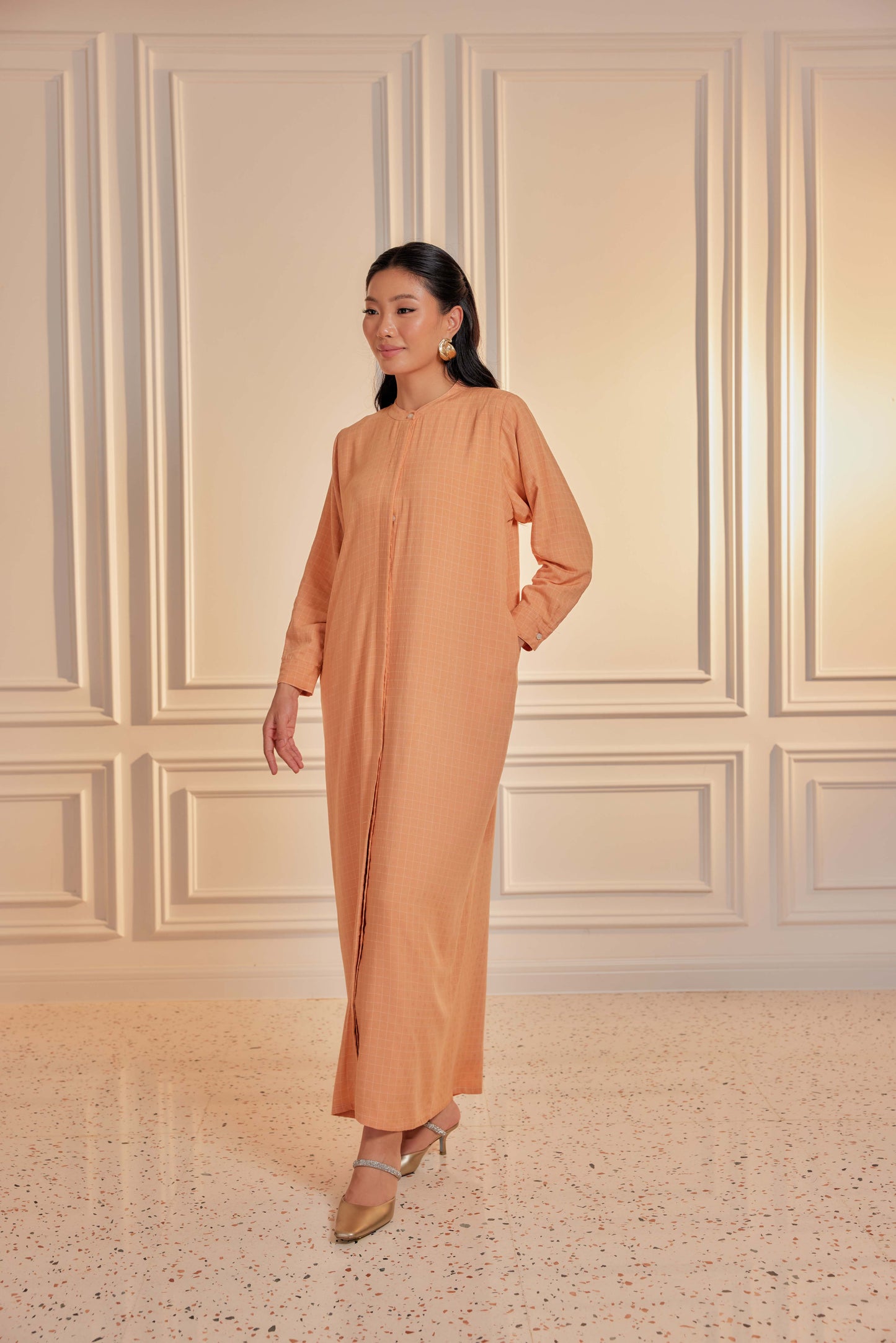 100% Cotton Grid Shirt Dress - Butterscotch