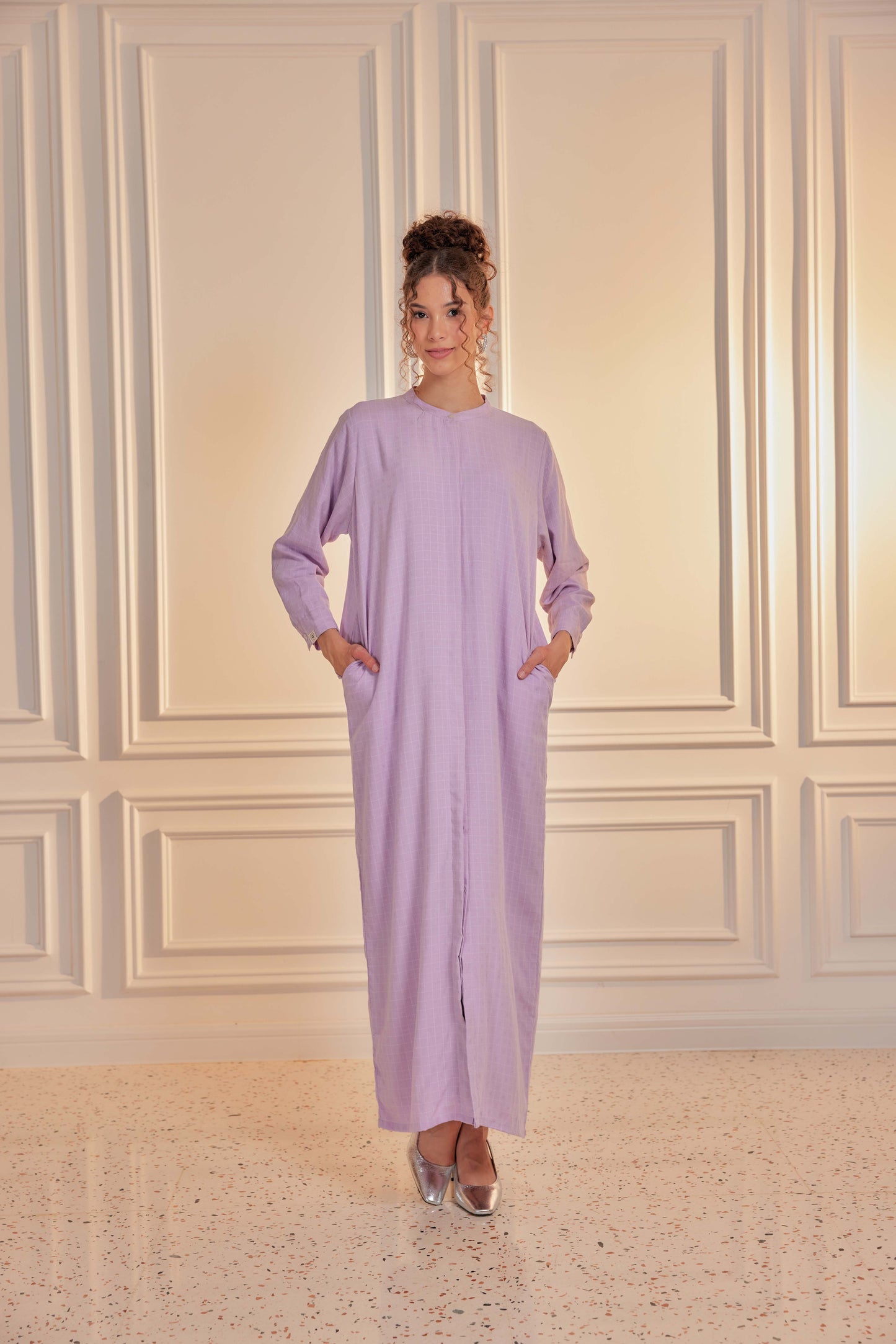 100% Cotton Grid Shirt Dress - Violet Mist