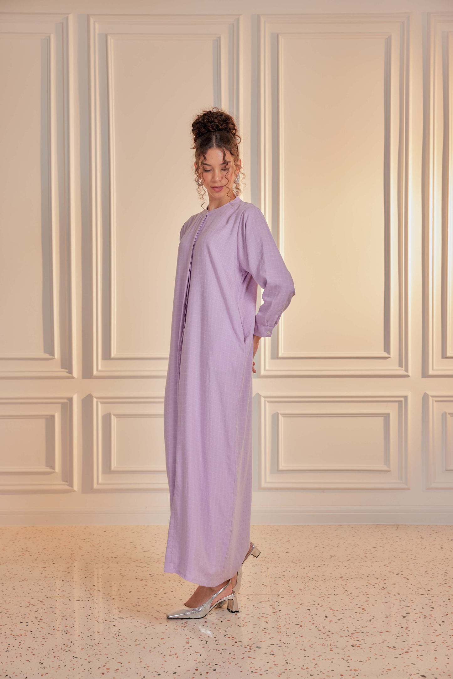 100% Cotton Grid Shirt Dress - Violet Mist