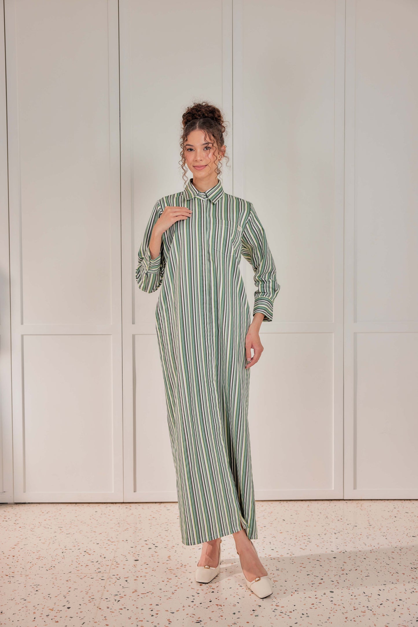 100% Cotton Striped Shirt Dress - Pistachio