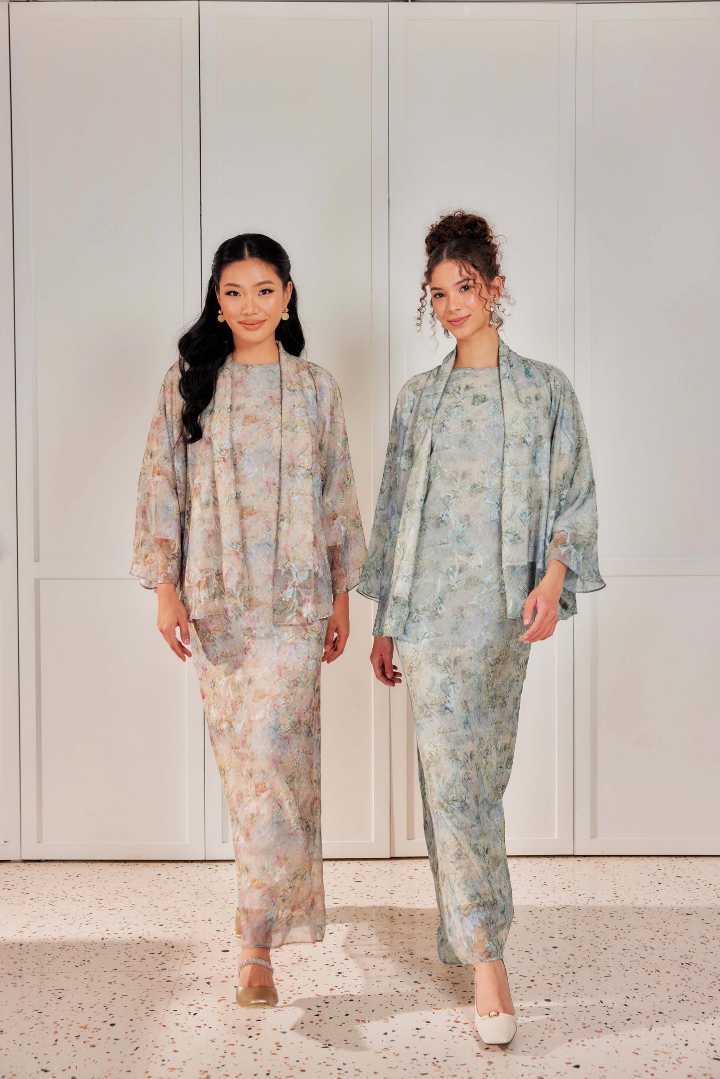 Venetta Two-piece Jacquard Chiffon Dress Set - Vintage Pastel Floral (Full Lining)