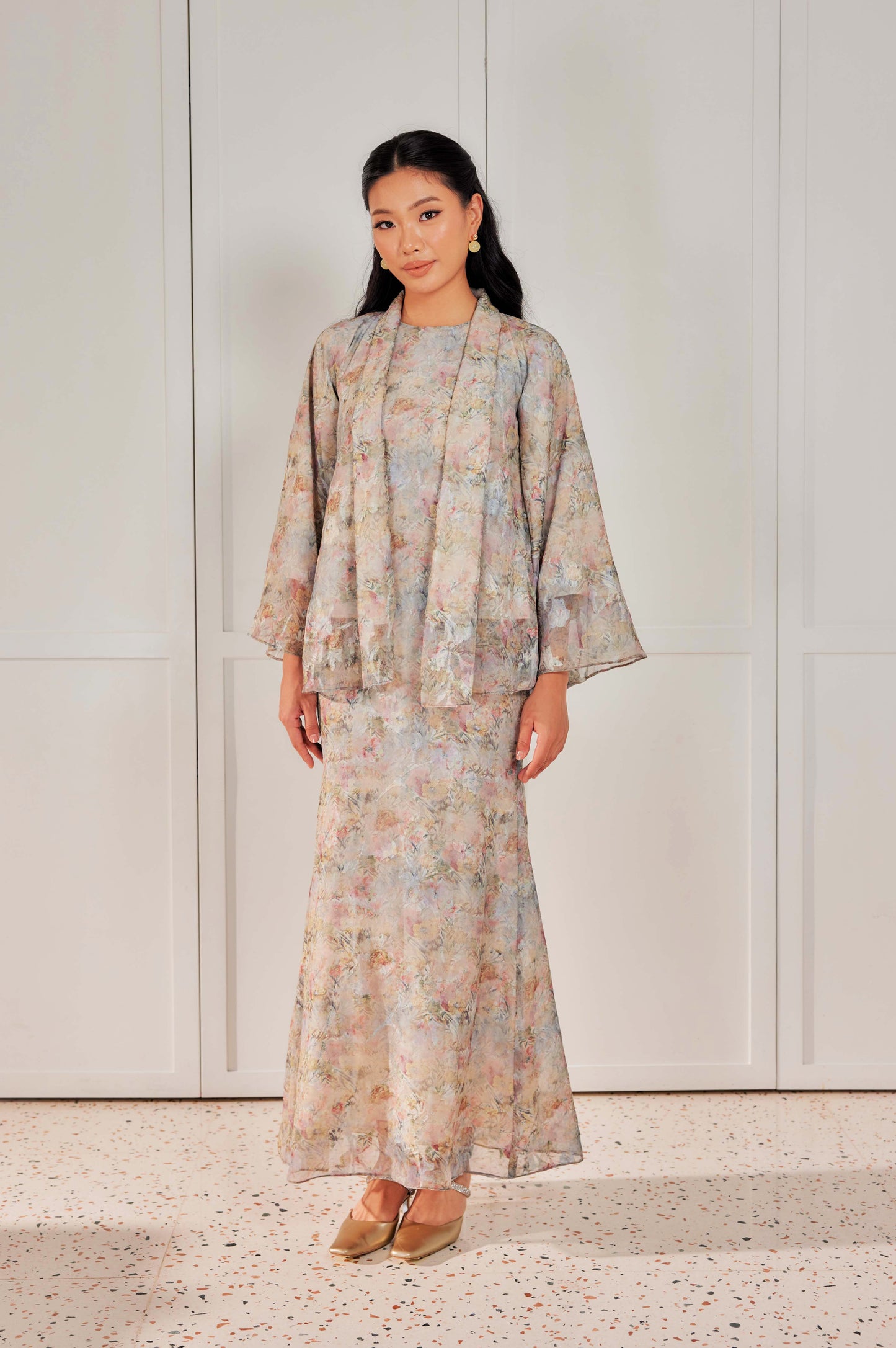 Venetta Two-piece Jacquard Chiffon Dress Set - Vintage Pastel Floral (Full Lining)