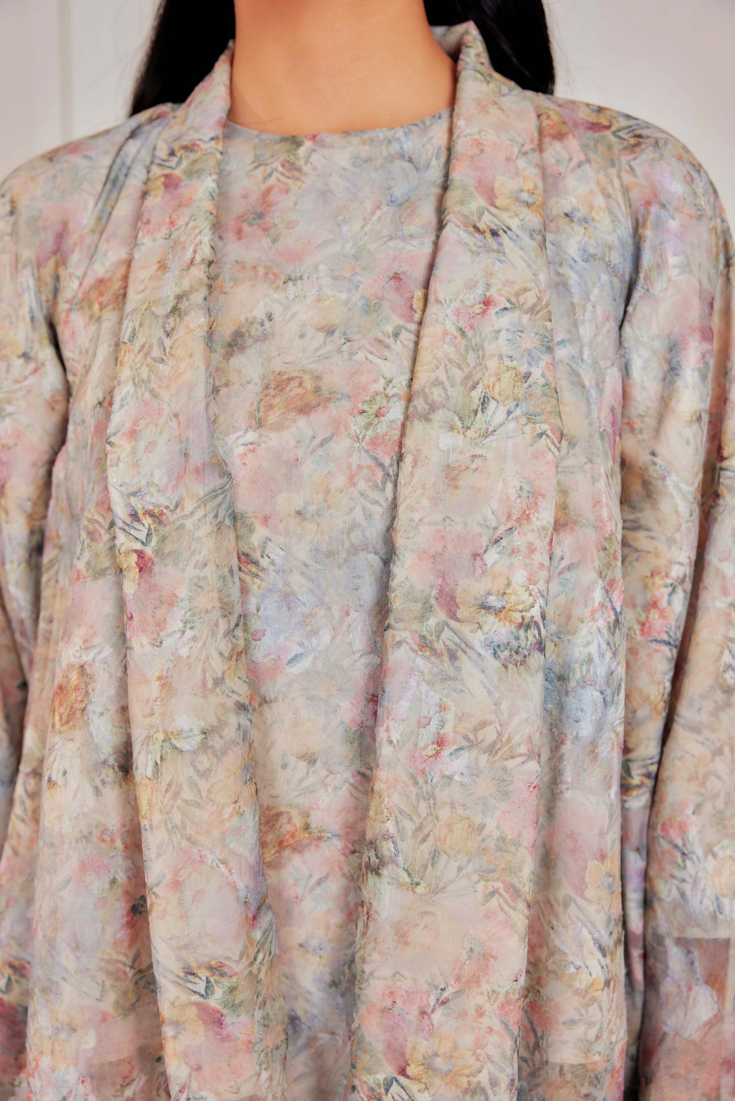 Venetta Two-piece Jacquard Chiffon Dress Set - Vintage Pastel Floral (Full Lining)