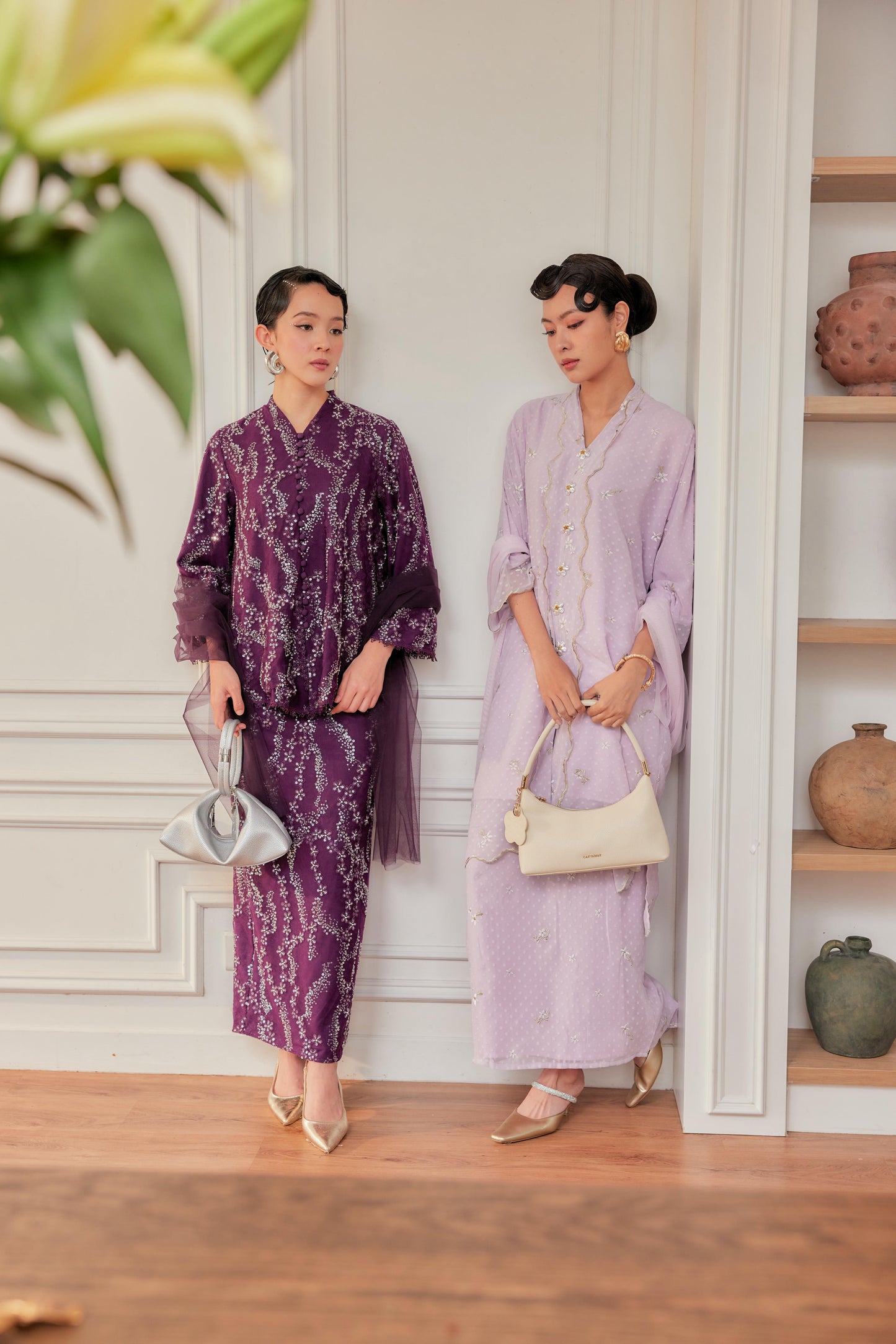 Burgundy - Orked Lace Kebaya Front Buttons (Full Lining) Set