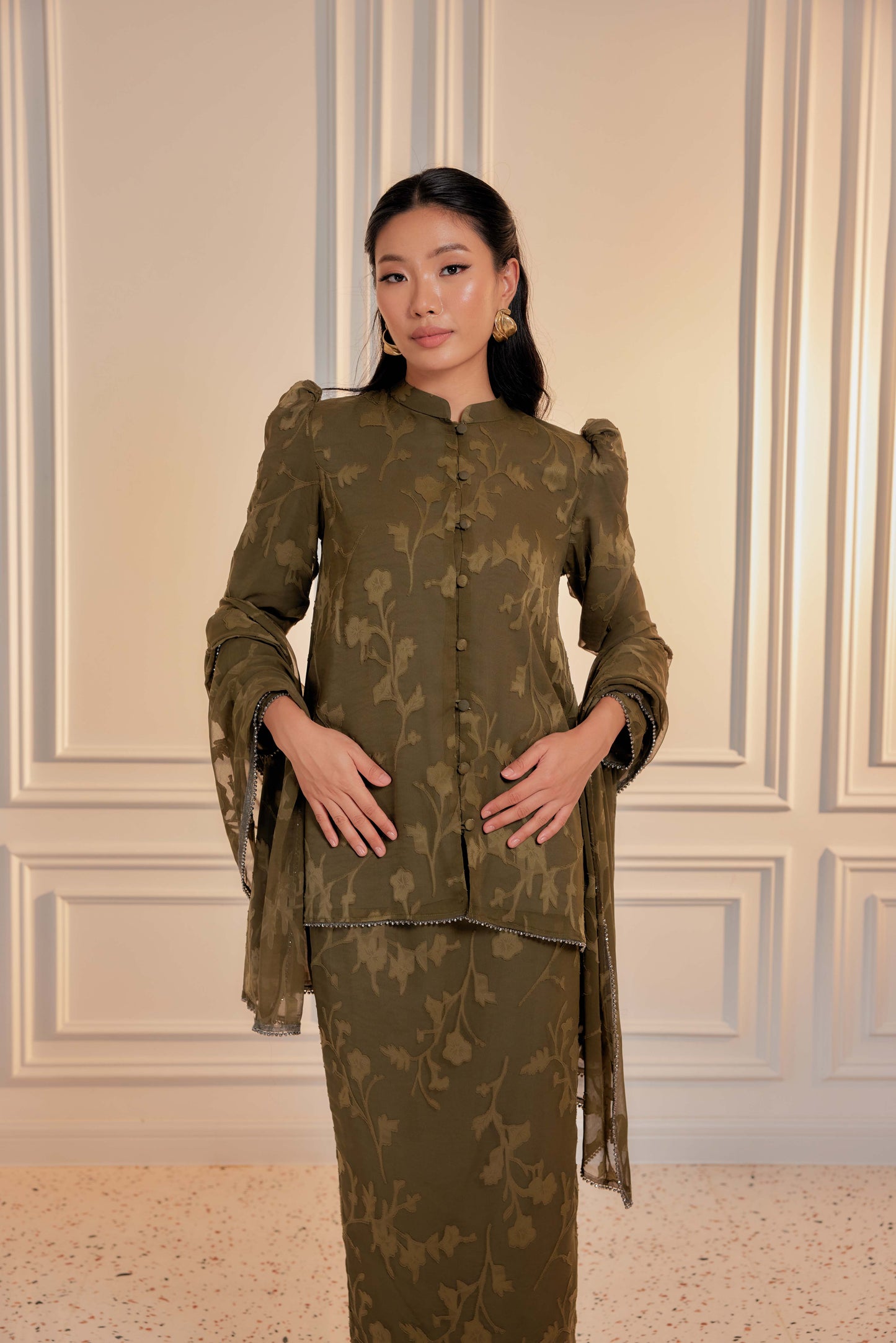 Indah Pelangi Kebarung in Hijau Zaitun – The Beaded Edition, Fully Lined