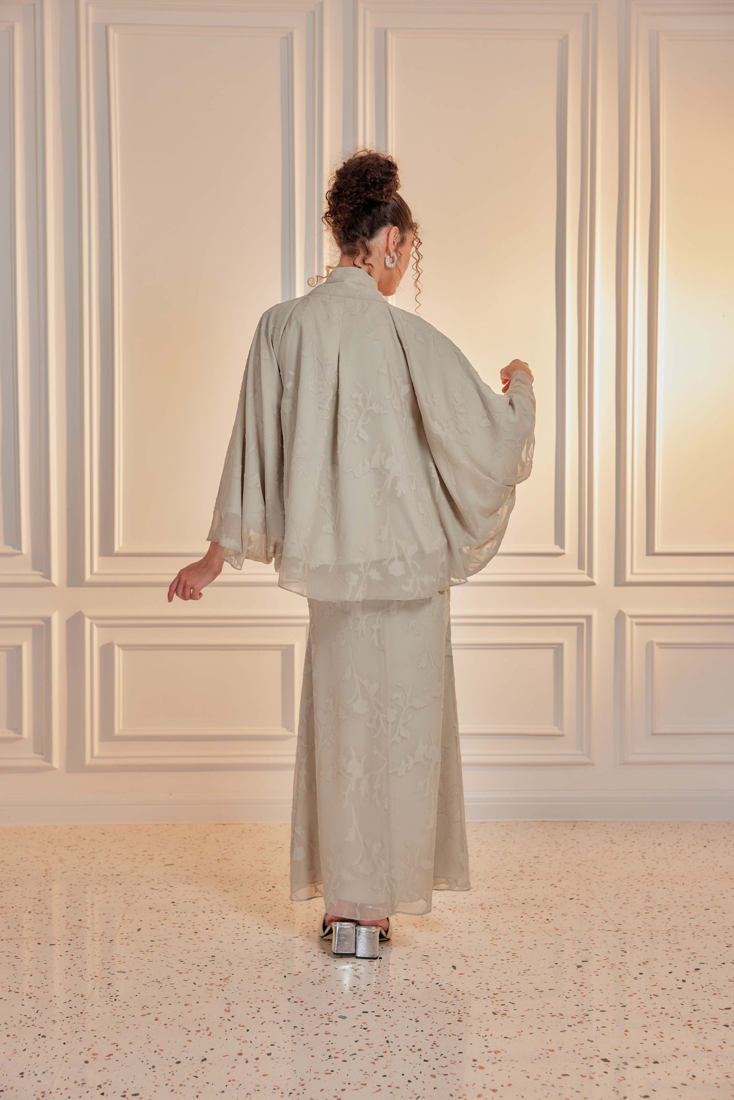 Venetta Two-piece Jacquard Chiffon Dress Set - Sage Matcha (Full Lining)