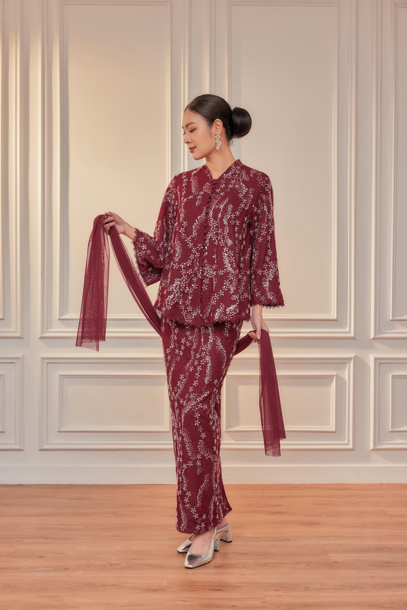 Burgundy - Orked Lace Kebaya Front Buttons (Full Lining) Set