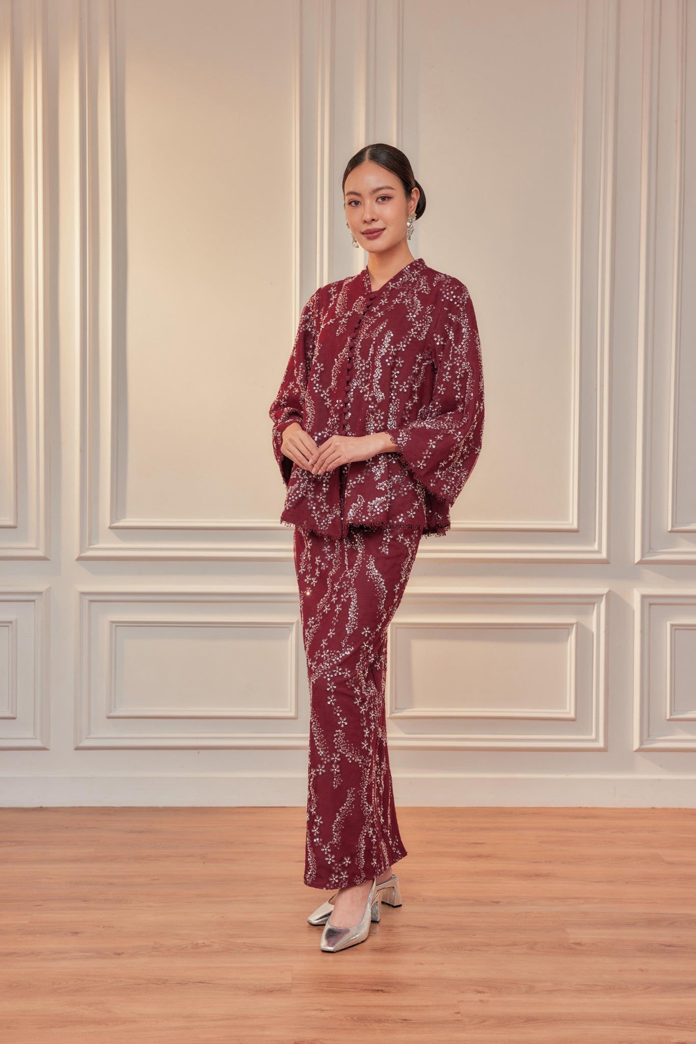 Burgundy - Orked Lace Kebaya Front Buttons (Full Lining) Set